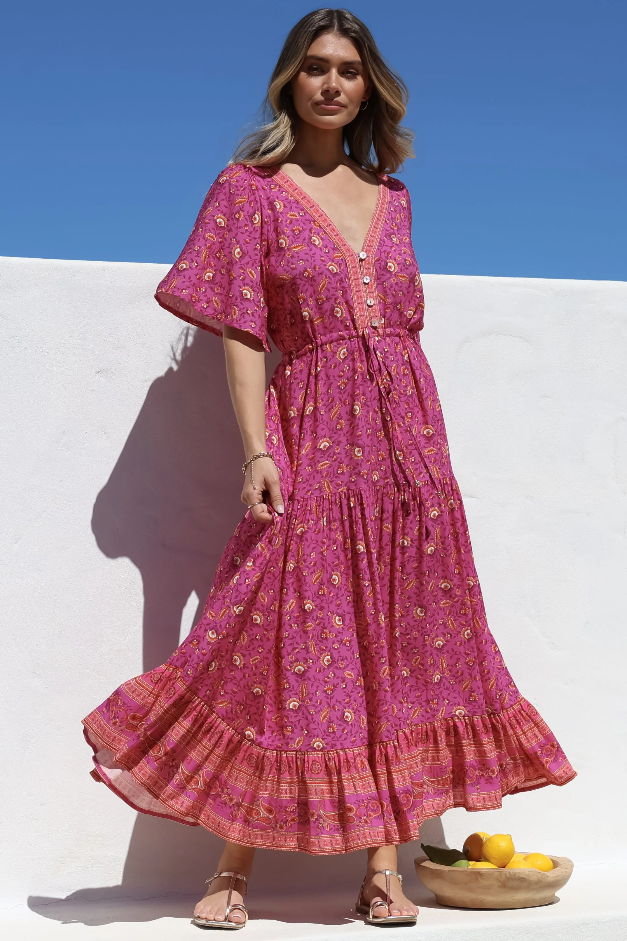 Tassia Maxi Dress - Buttoned Bodice Pull Tie Waist Dress in Quinne Print sold by Salty Crush product image thumbnail 4