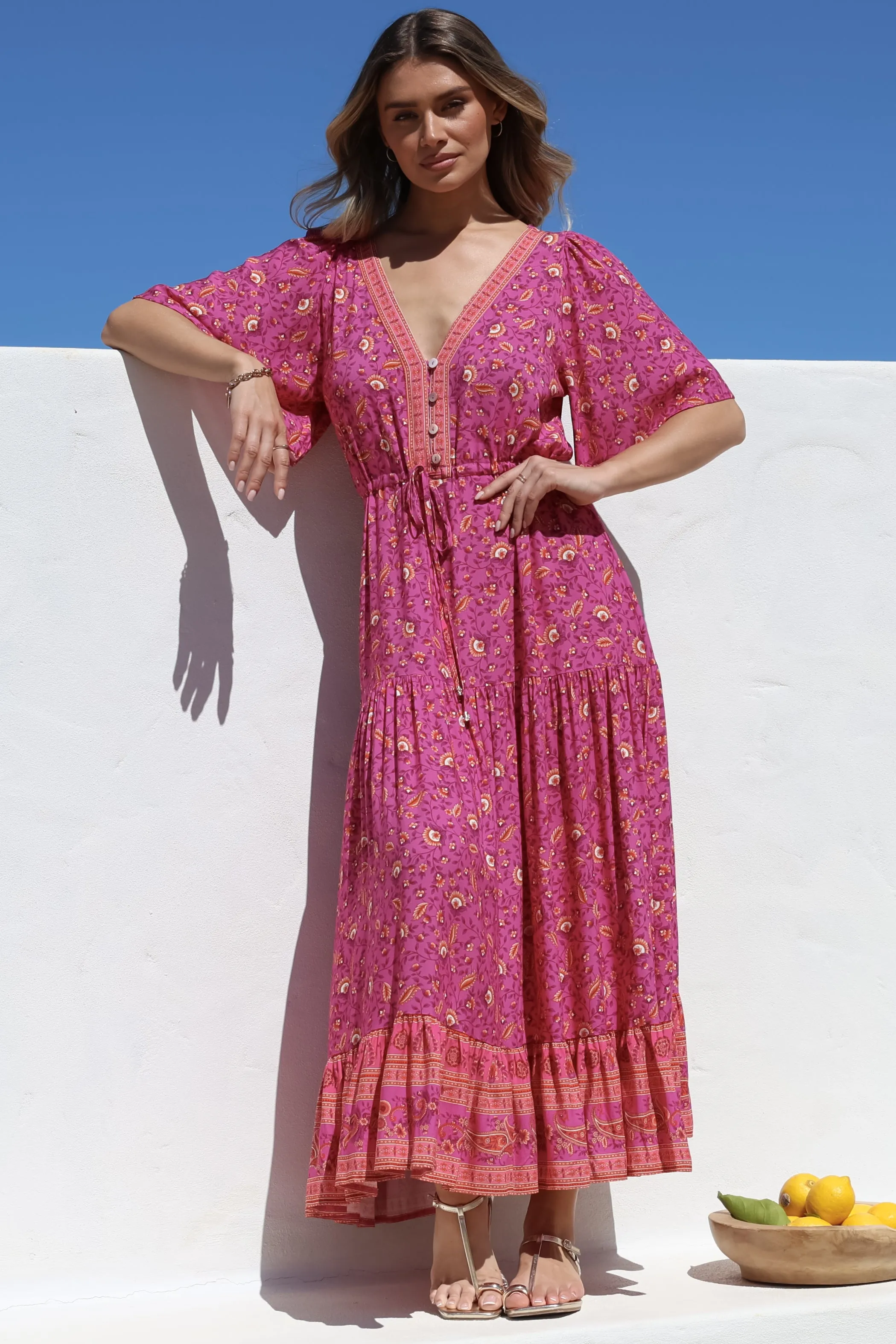 Tassia Maxi Dress - Buttoned Bodice Pull Tie Waist Dress in Quinne Print sold by Salty Crush product image thumbnail 2