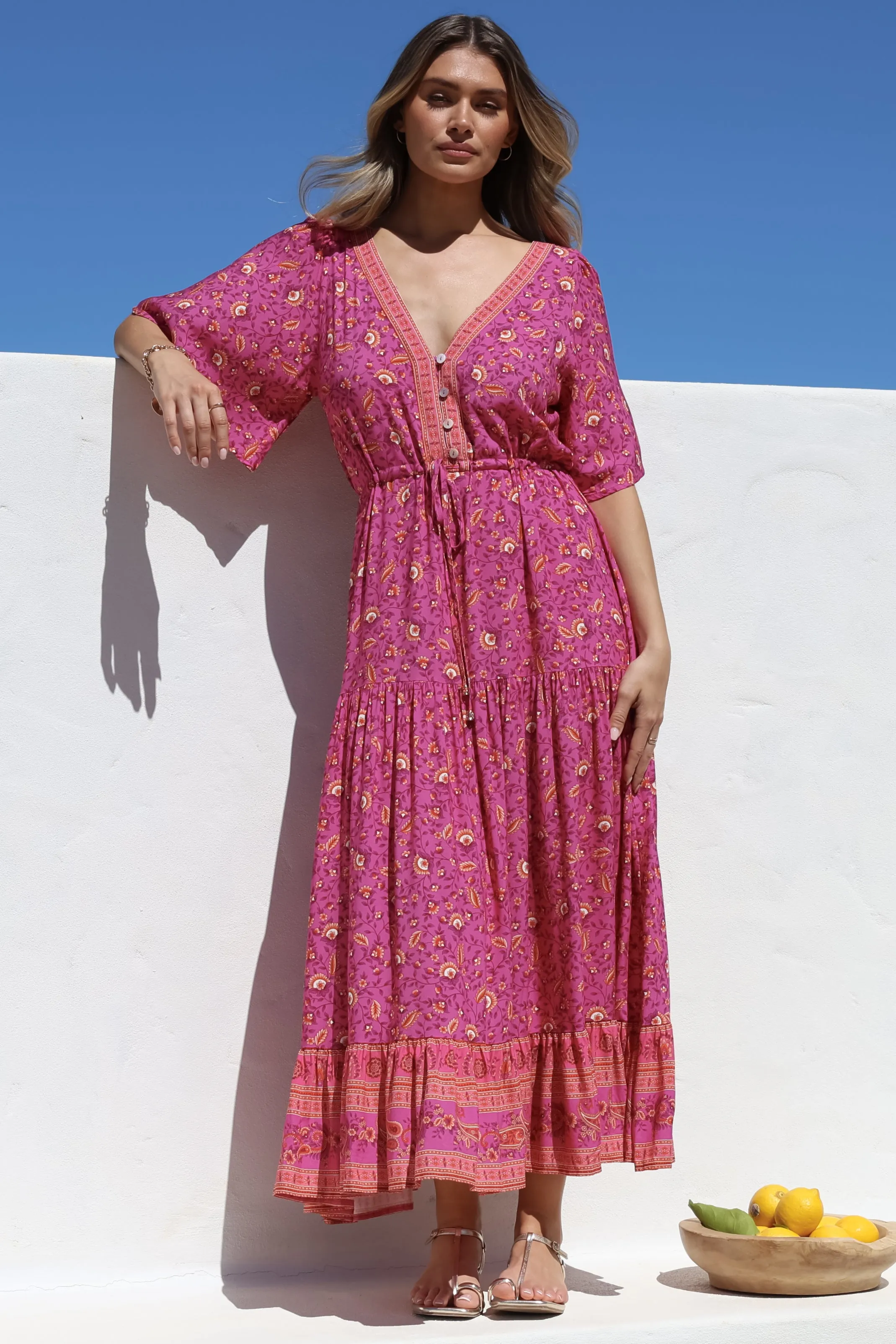 Tassia Maxi Dress - Buttoned Bodice Pull Tie Waist Dress in Quinne Print sold by Salty Crush product image thumbnail 5