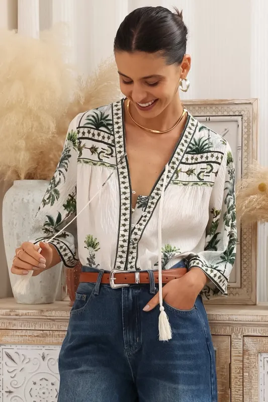 Elysia Blouse - Deep V Neck Button Down 3/4 Sleeve Top in Nessa Print sold by Salty Crush