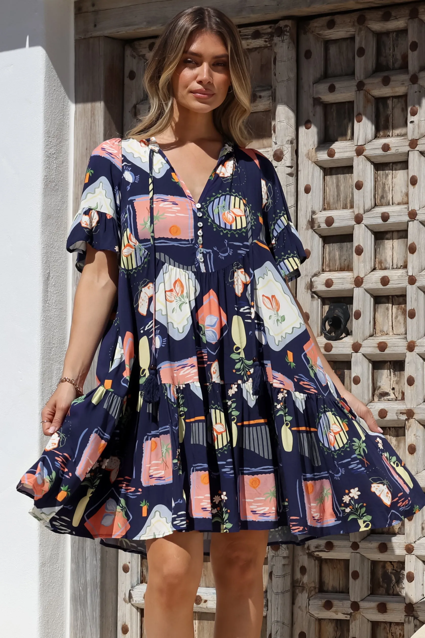 Monique Mini Dress - Mandarin Collar Smock Dress in Kalil Print Navy sold by Salty Crush