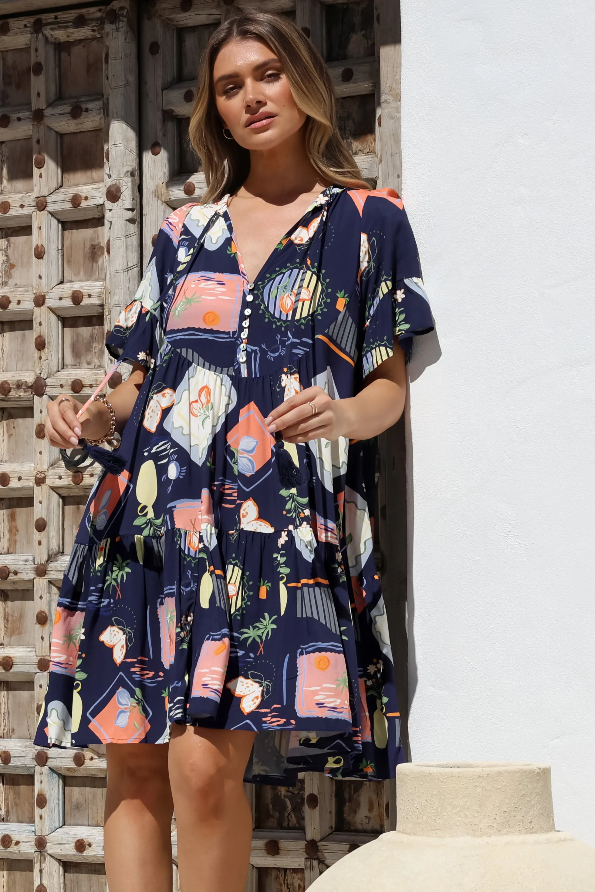 Monique Mini Dress - Mandarin Collar Smock Dress in Kalil Print Navy sold by Salty Crush product image thumbnail 4