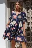 Monique Mini Dress - Mandarin Collar Smock Dress in Kalil Print Navy sold by Salty Crush
