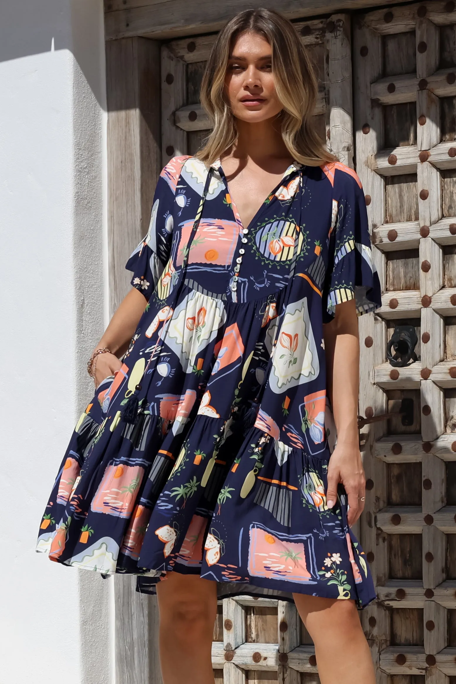 Monique Mini Dress - Mandarin Collar Smock Dress in Kalil Print Navy sold by Salty Crush product image thumbnail 5
