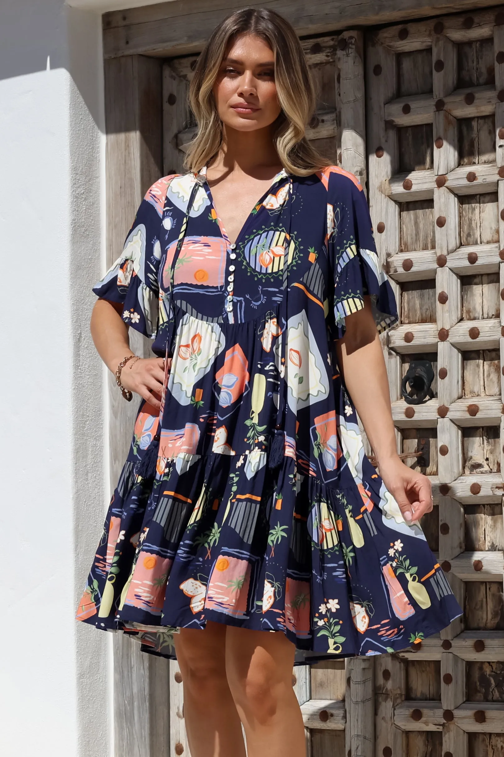 Monique Mini Dress - Mandarin Collar Smock Dress in Kalil Print Navy sold by Salty Crush product image thumbnail 3