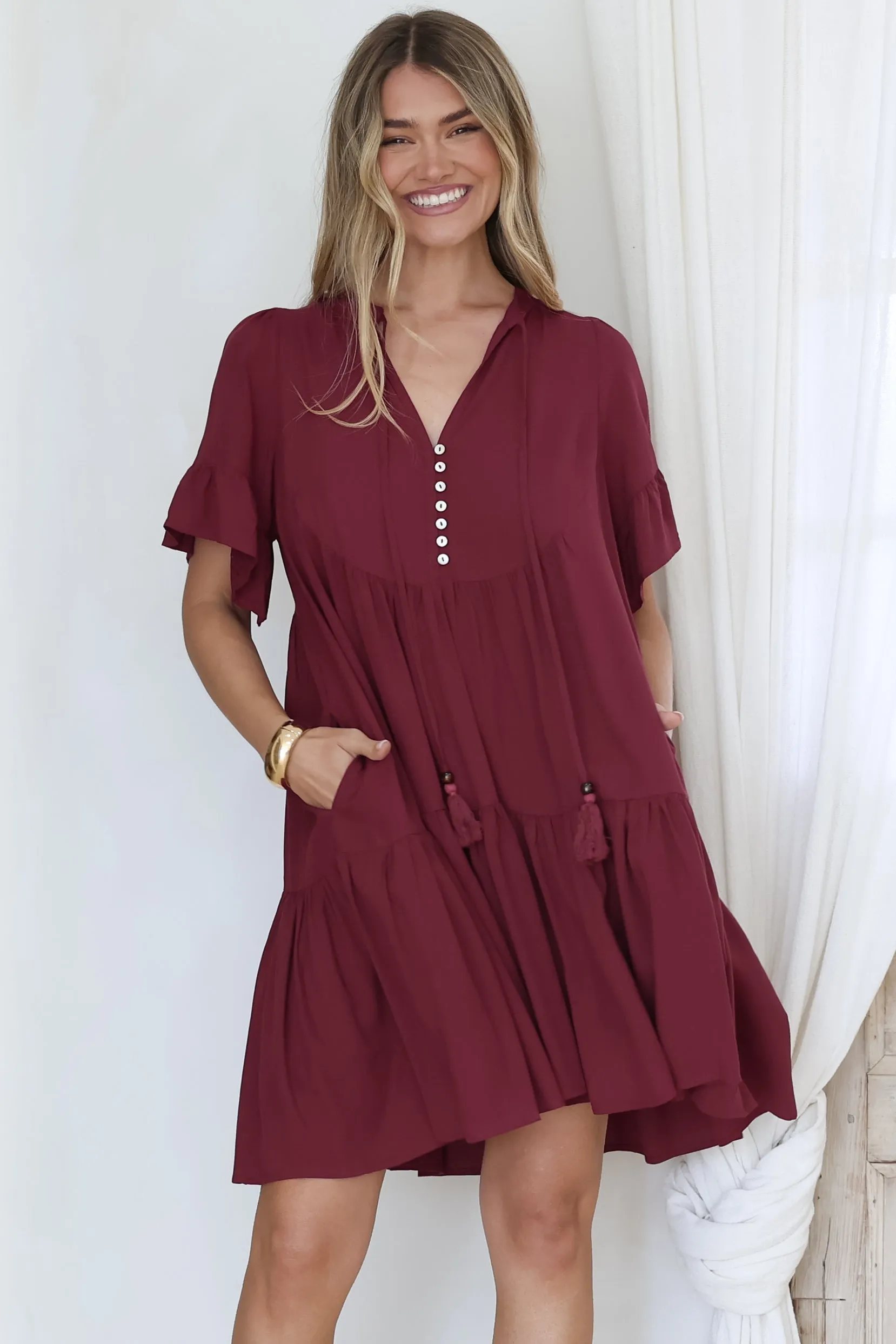 Monique Mini Dress - Mandarin Collar Smock Dress in Wine sold by Salty Crush product image thumbnail 5