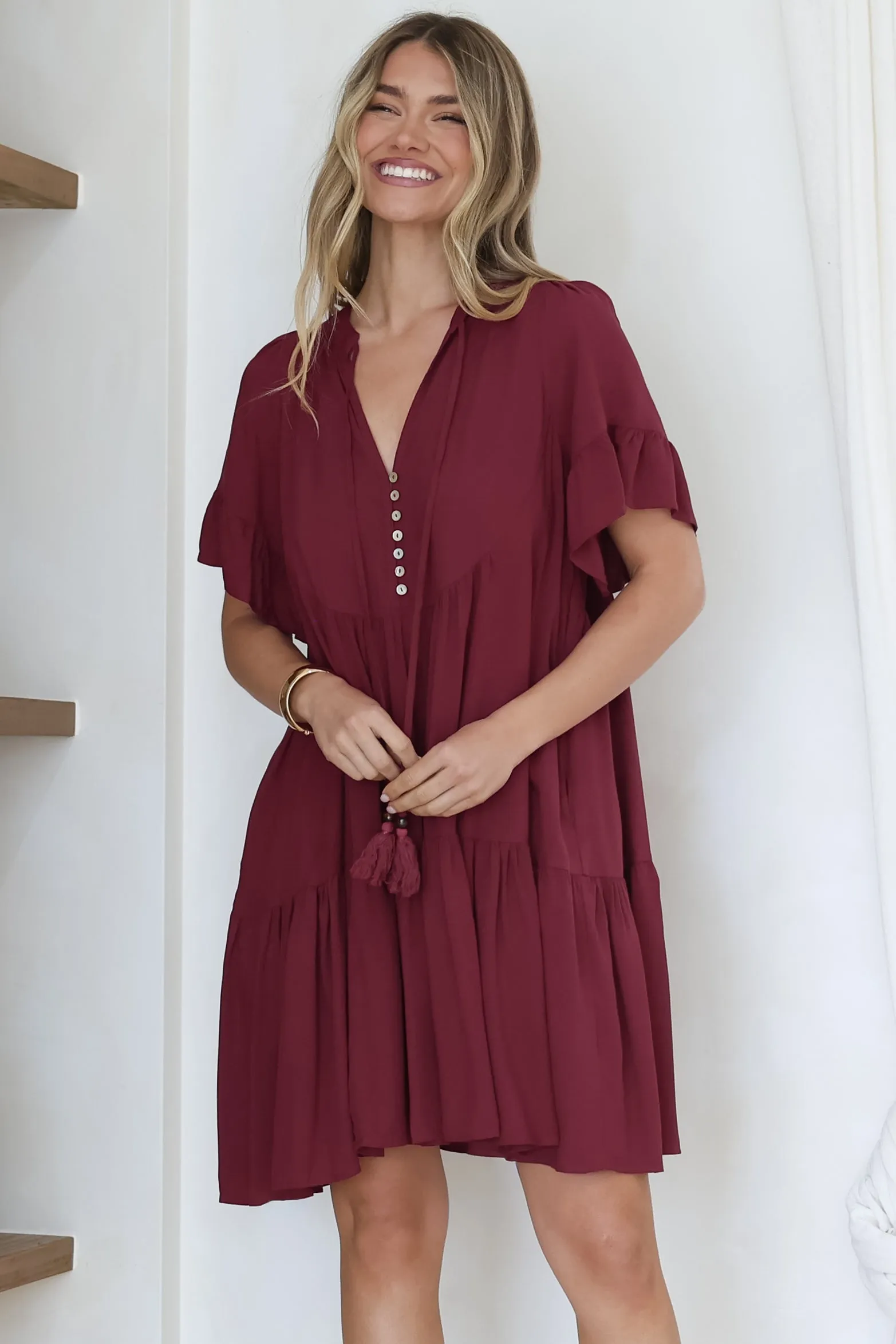 Monique Mini Dress - Mandarin Collar Smock Dress in Wine sold by Salty Crush product image thumbnail 4