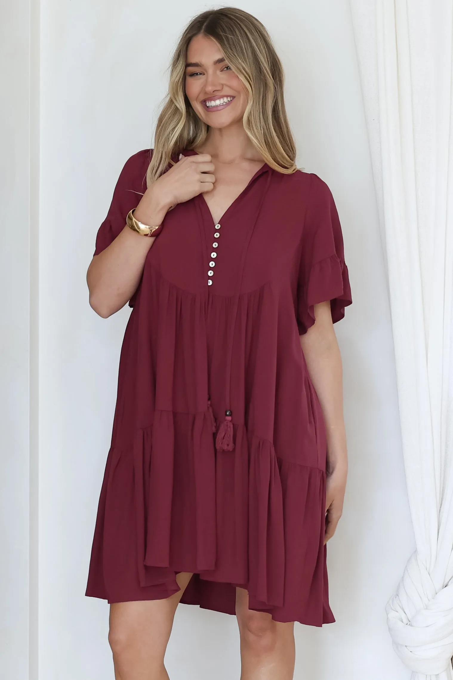 Monique Mini Dress - Mandarin Collar Smock Dress in Wine sold by Salty Crush product image thumbnail 3