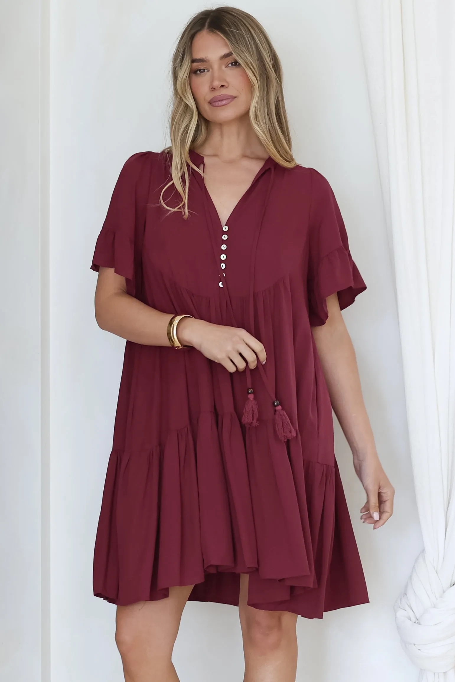 Monique Mini Dress - Mandarin Collar Smock Dress in Wine sold by Salty Crush