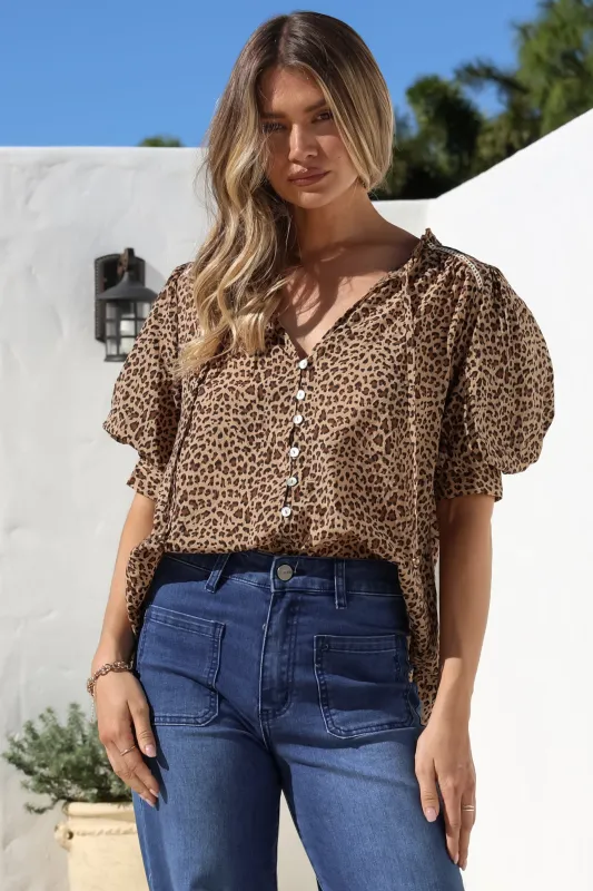 Acacia Blouse - Button Down Short Balloon Sleeve Shirt with Buttoned Cuffs in Wyatt Print sold by Salty Crush