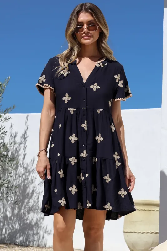 Wilma Mini Dress - Bermuda Collar Button Down Dress with Cap Sleeves in Gigi Print Navy sold by Salty Crush