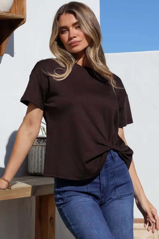 Tuck T-Shirt - Round Neckline Cotton Tee with Gathered Front Detail in Chocolate sold by Salty Crush