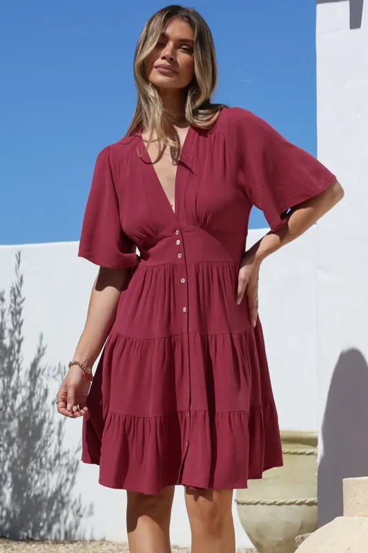 Sana Mini Dress - Bell Sleeve Button Down V Neck Dress in Berry sold by Salty Crush