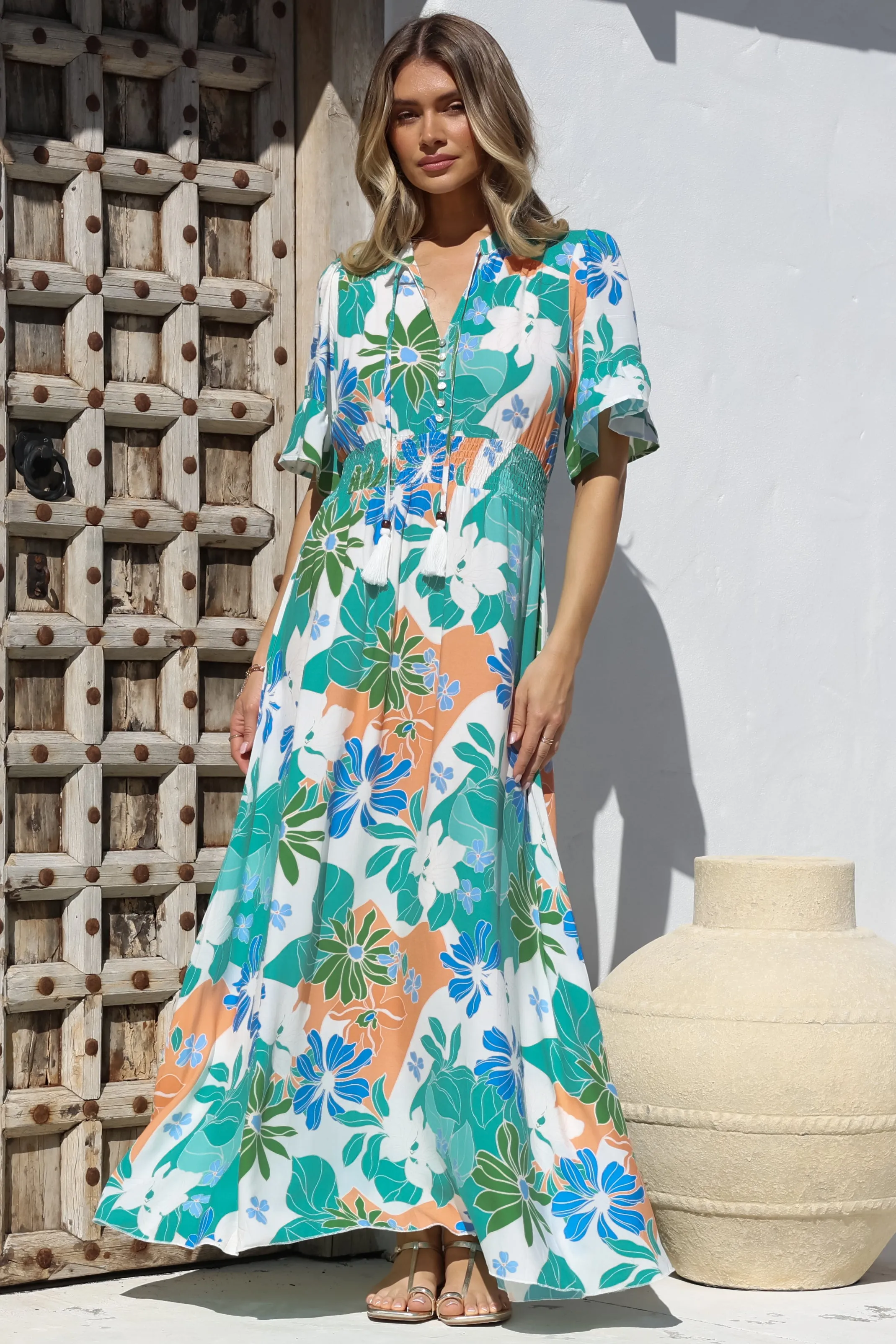 Jemina Maxi Dress - V-Neck Elasticated Waist A-Line Dress in Meaghan Print sold by Salty Crush
