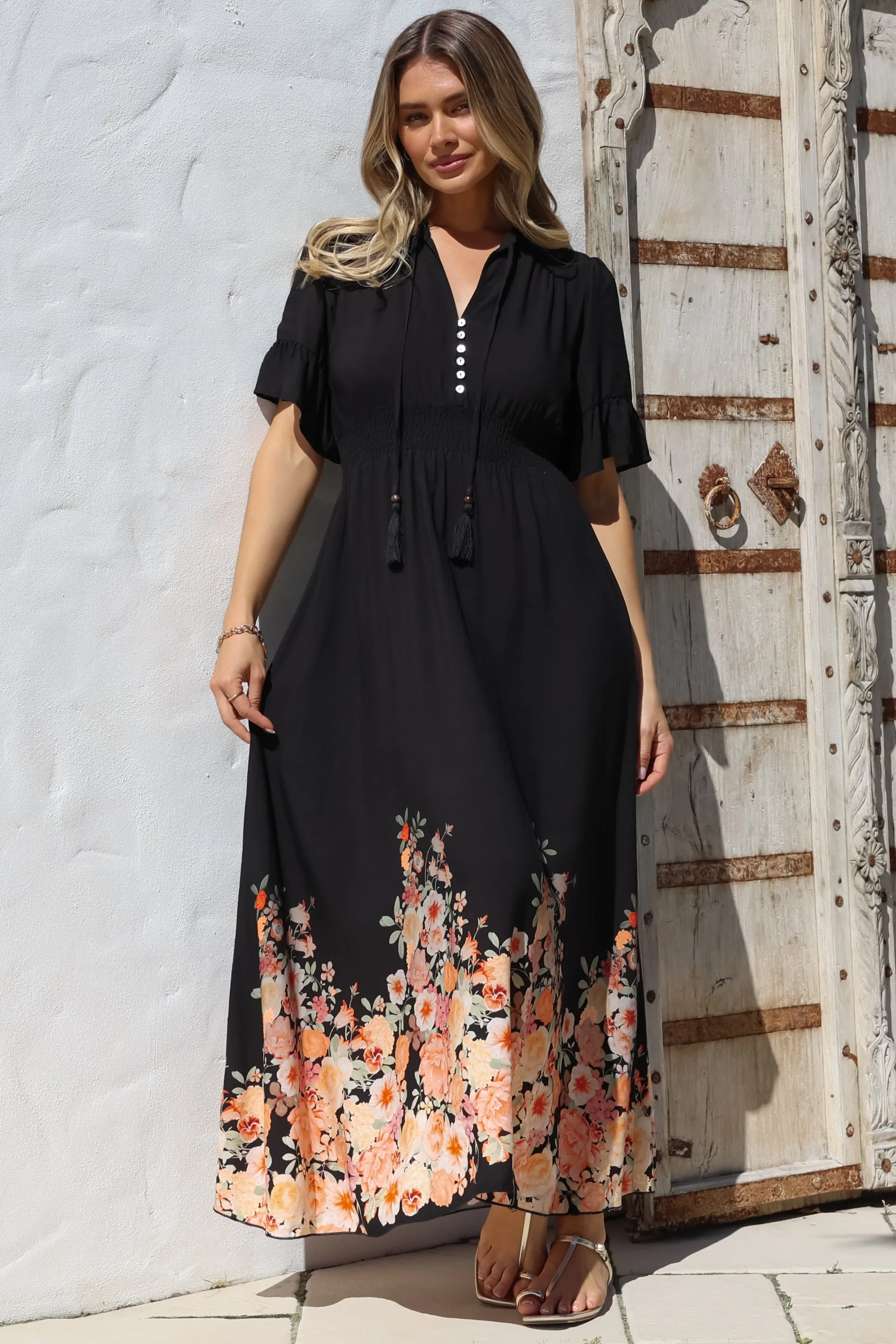 Jemina Maxi Dress - V-Neck Elasticated Waist A-Line Dress in Florence Print Black sold by Salty Crush product image thumbnail 5