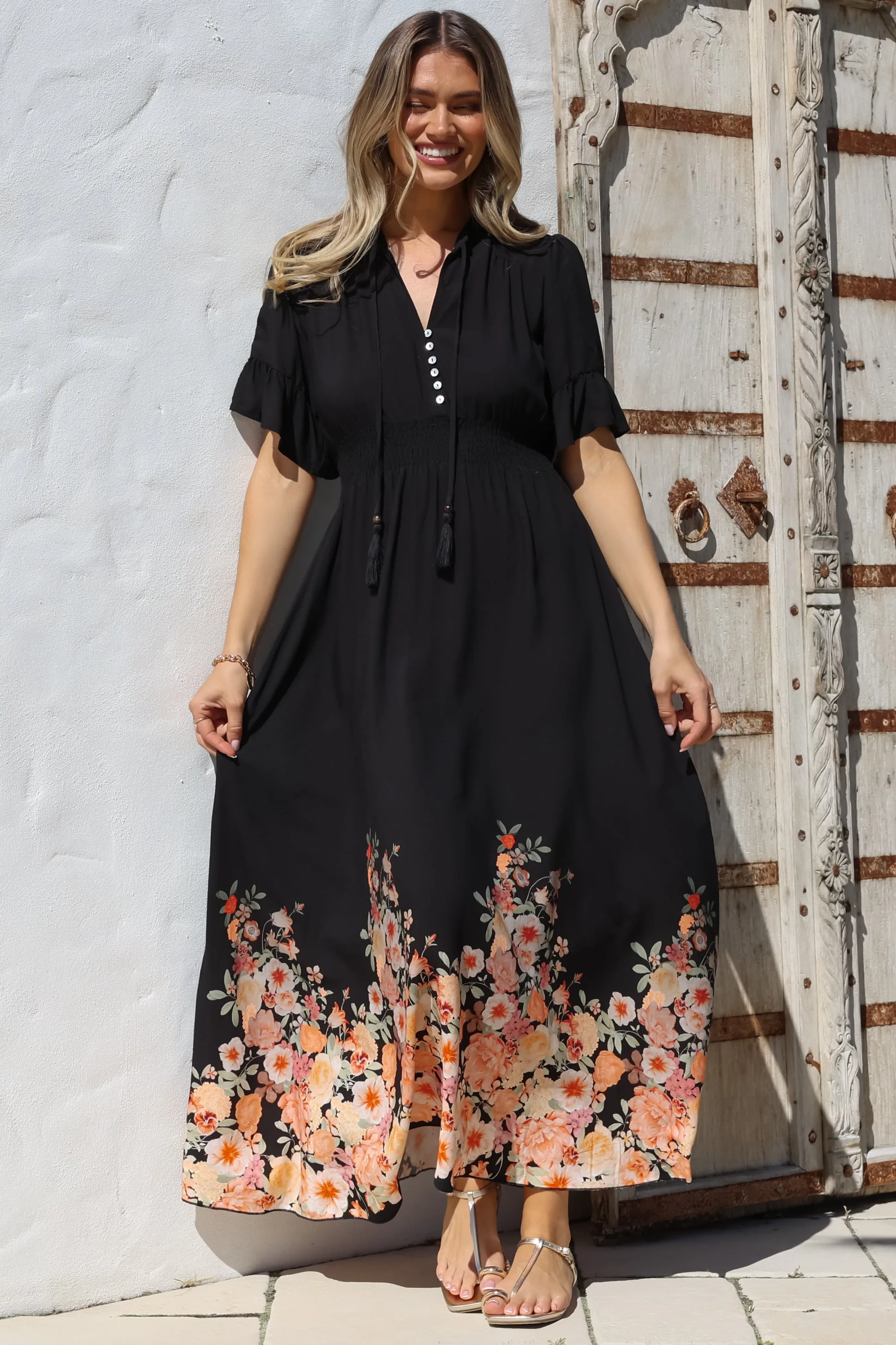 Jemina Maxi Dress - V-Neck Elasticated Waist A-Line Dress in Florence Print Black sold by Salty Crush product image thumbnail 3