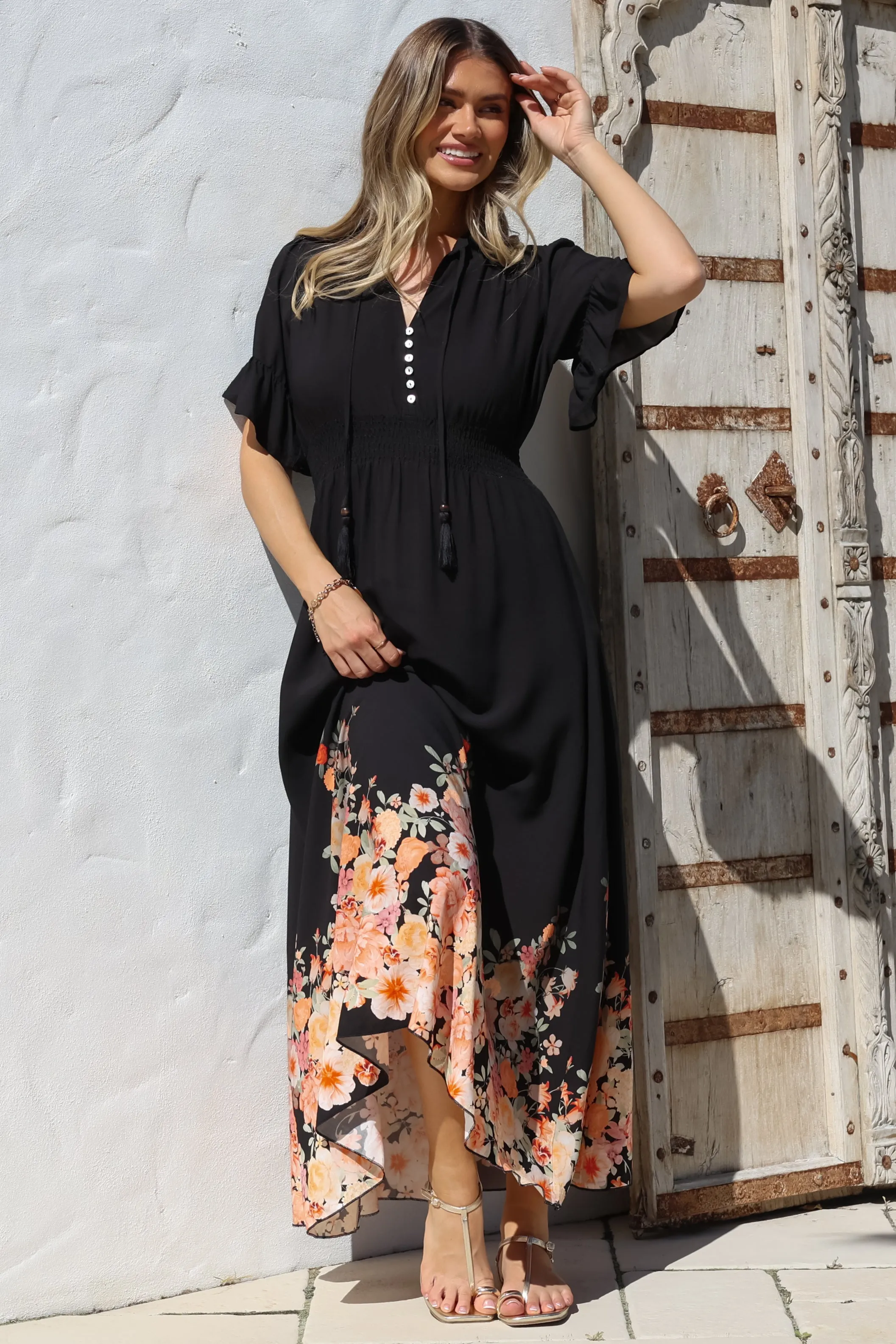Jemina Maxi Dress - V-Neck Elasticated Waist A-Line Dress in Florence Print Black sold by Salty Crush product image thumbnail 4