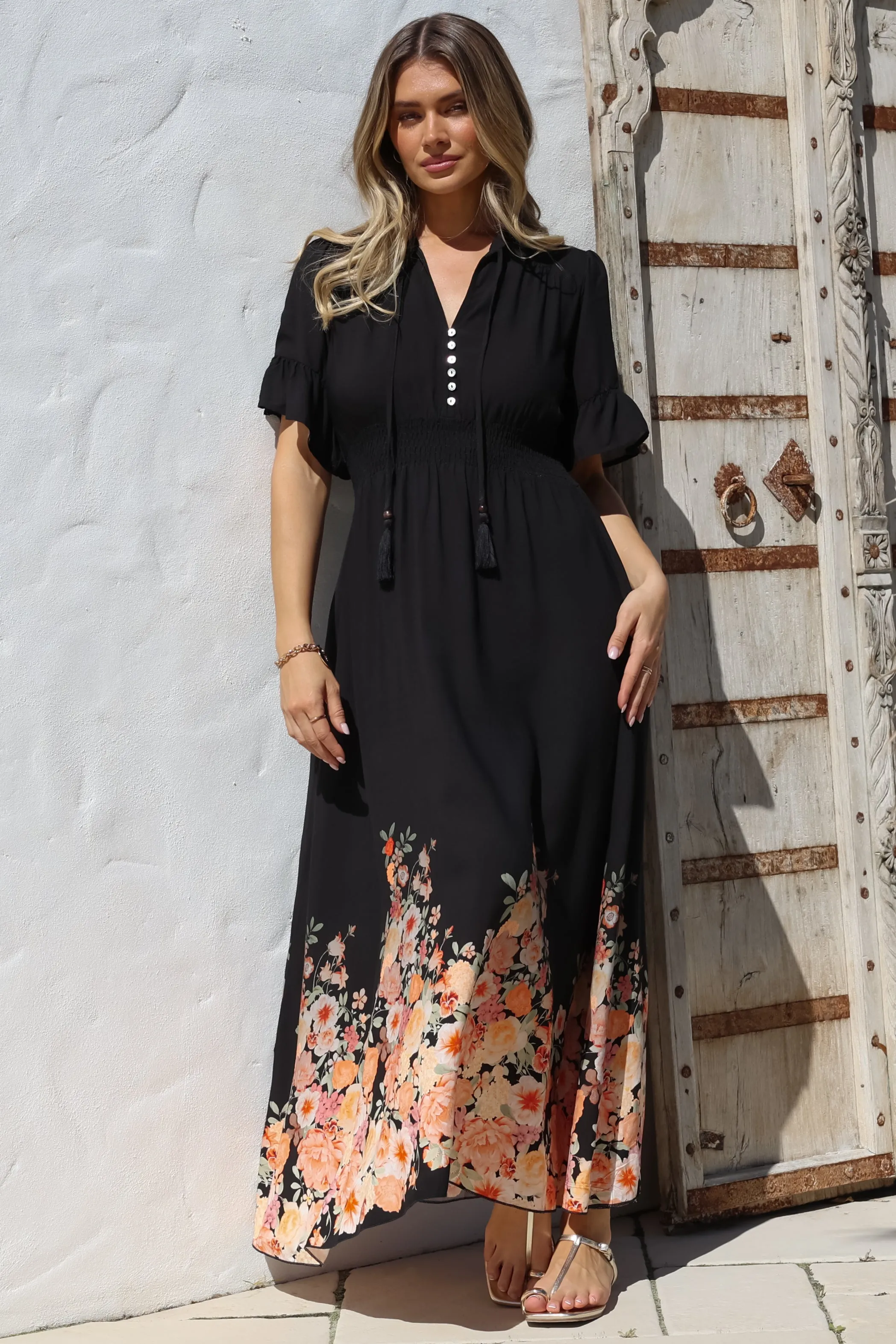 Jemina Maxi Dress - V-Neck Elasticated Waist A-Line Dress in Florence Print Black sold by Salty Crush