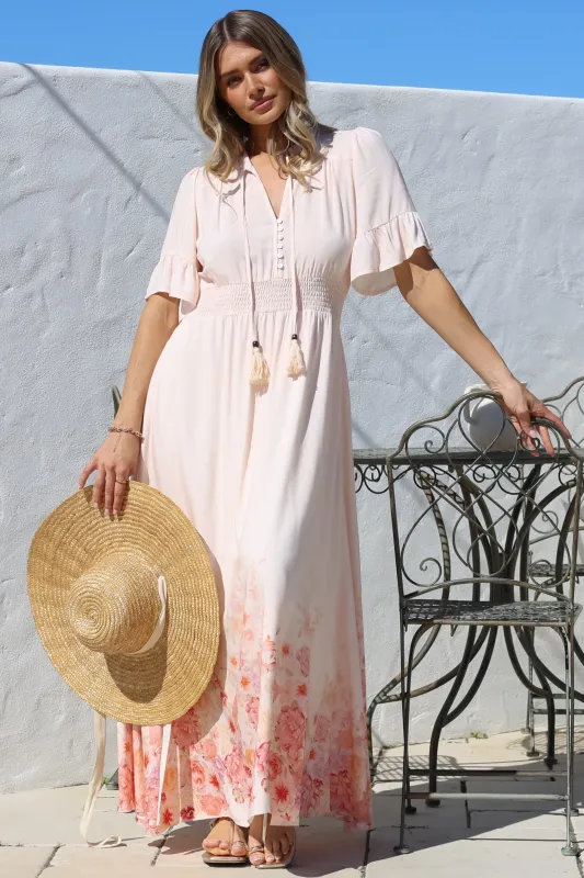 Jemina Maxi Dress - V-Neck Elasticated Waist A-Line Dress in Florence Print Pink sold by Salty Crush