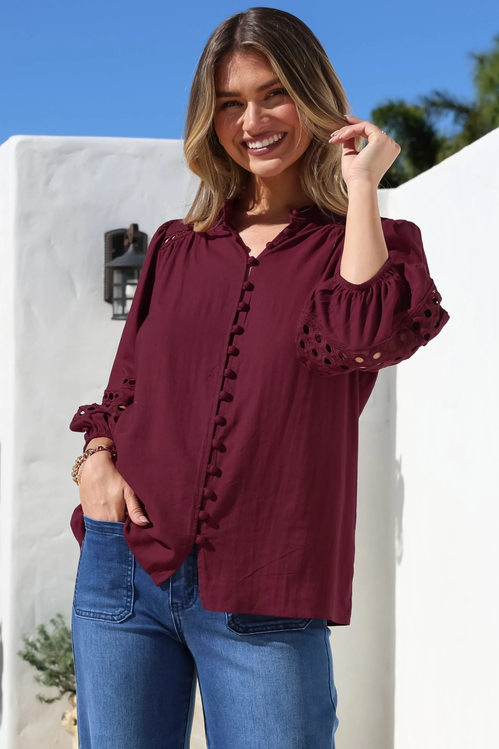 Alyce Shirt - Mandarin Collar Cut Out Detailed Sleeve Button Down in Burgundy sold by Salty Crush product image thumbnail 2