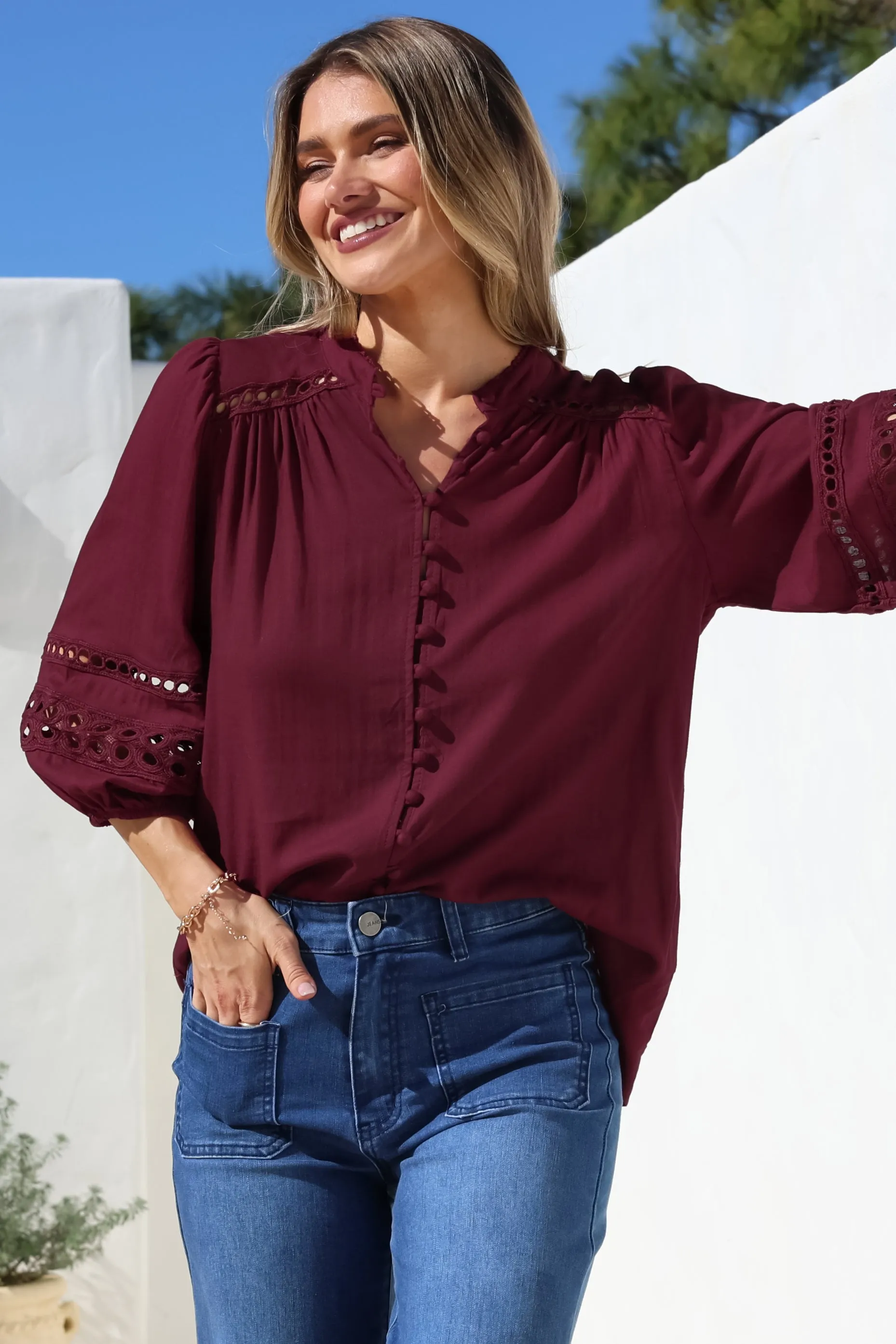 Alyce Shirt - Mandarin Collar Cut Out Detailed Sleeve Button Down in Burgundy sold by Salty Crush product image thumbnail 5