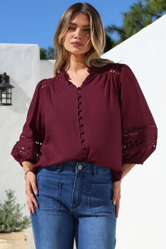 Alyce Shirt - Mandarin Collar Cut Out Detailed Sleeve Button Down in Burgundy sold by Salty Crush