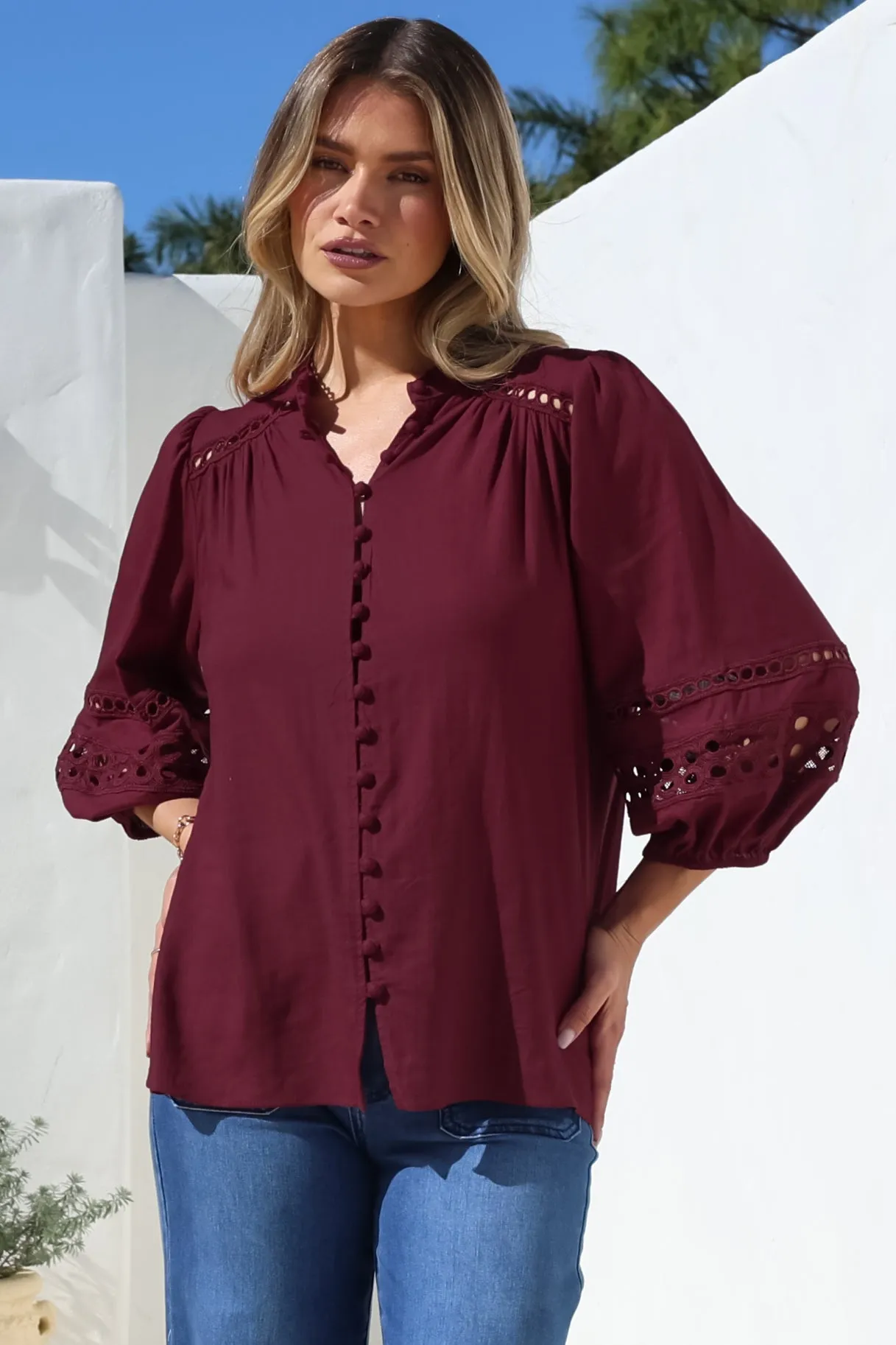 Alyce Shirt - Mandarin Collar Cut Out Detailed Sleeve Button Down in Burgundy sold by Salty Crush product image thumbnail 4