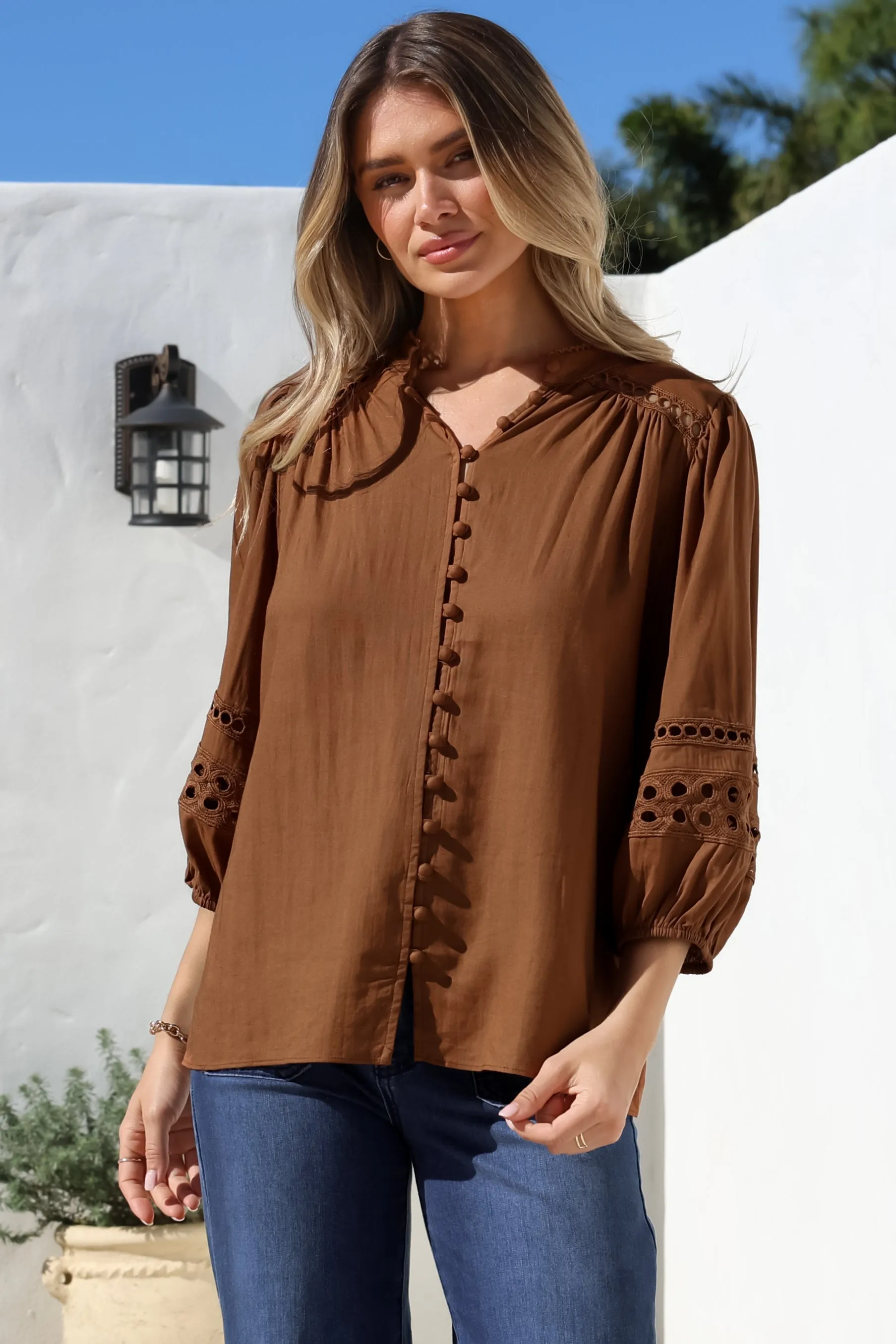 Alyce Shirt - Mandarin Collar Cut Out Detailed Sleeve Button Down in Tan sold by Salty Crush product image thumbnail 2