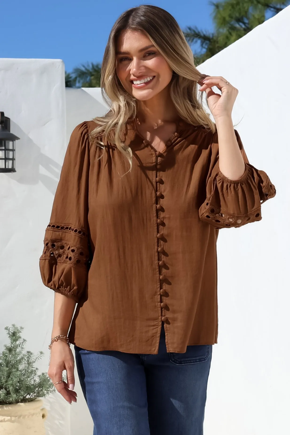 Alyce Shirt - Mandarin Collar Cut Out Detailed Sleeve Button Down in Tan sold by Salty Crush product image thumbnail 5