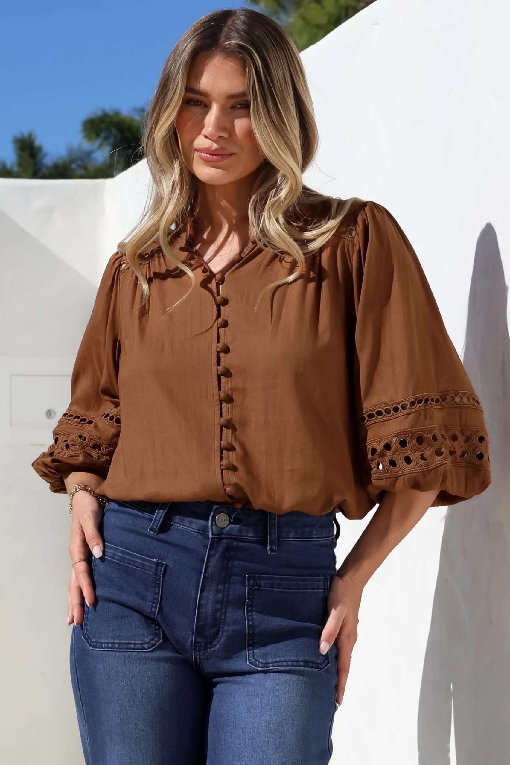 Alyce Shirt - Mandarin Collar Cut Out Detailed Sleeve Button Down in Tan sold by Salty Crush