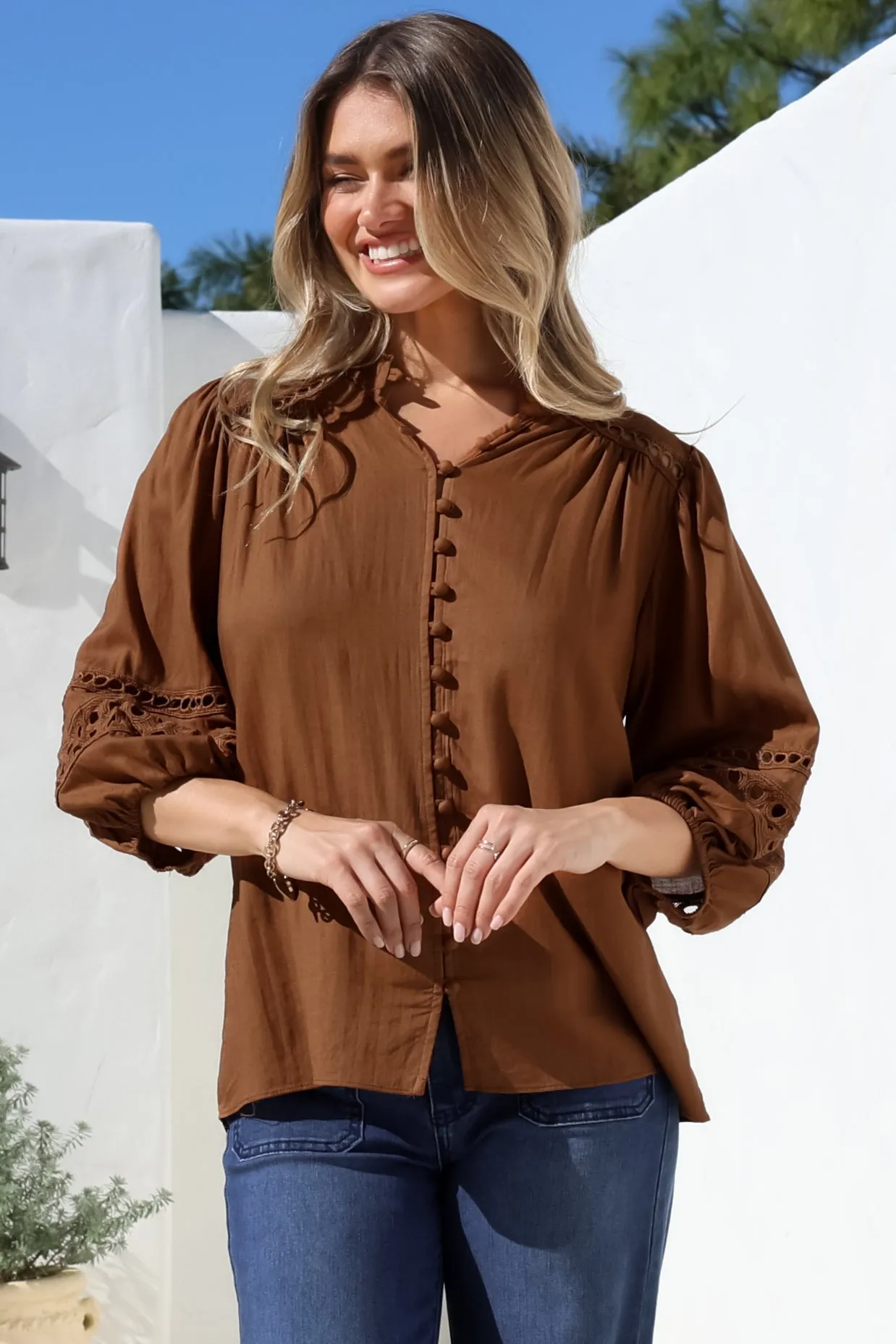 Alyce Shirt - Mandarin Collar Cut Out Detailed Sleeve Button Down in Tan sold by Salty Crush product image thumbnail 4