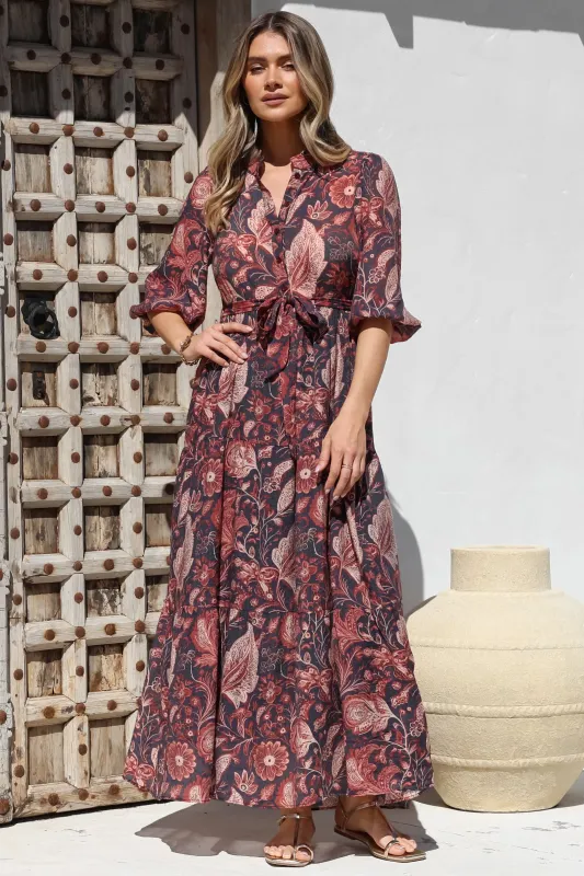 Jenni Maxi Dress - Frill Collar 3/4 Sleeve Dress with Waist Tie in Narah Print sold by Salty Crush