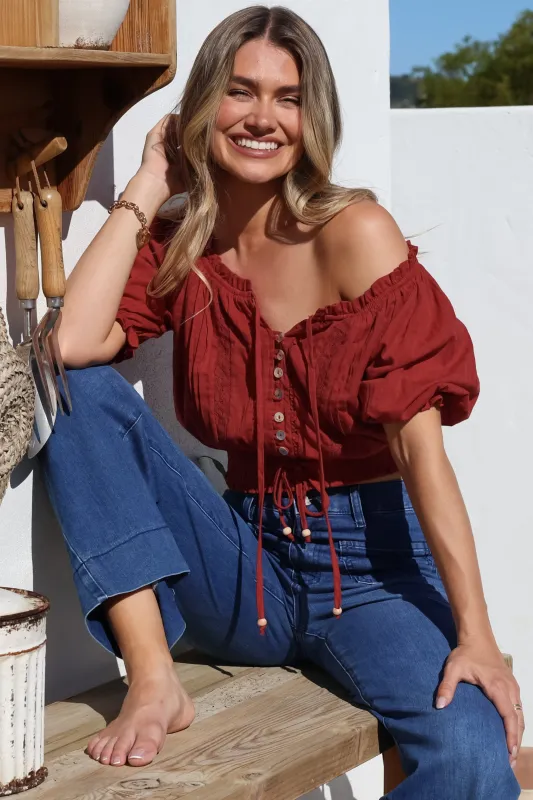 Nadiya Crop - Adjustable Neck and Hemline Crop with Pleating Details in Rust sold by Salty Crush