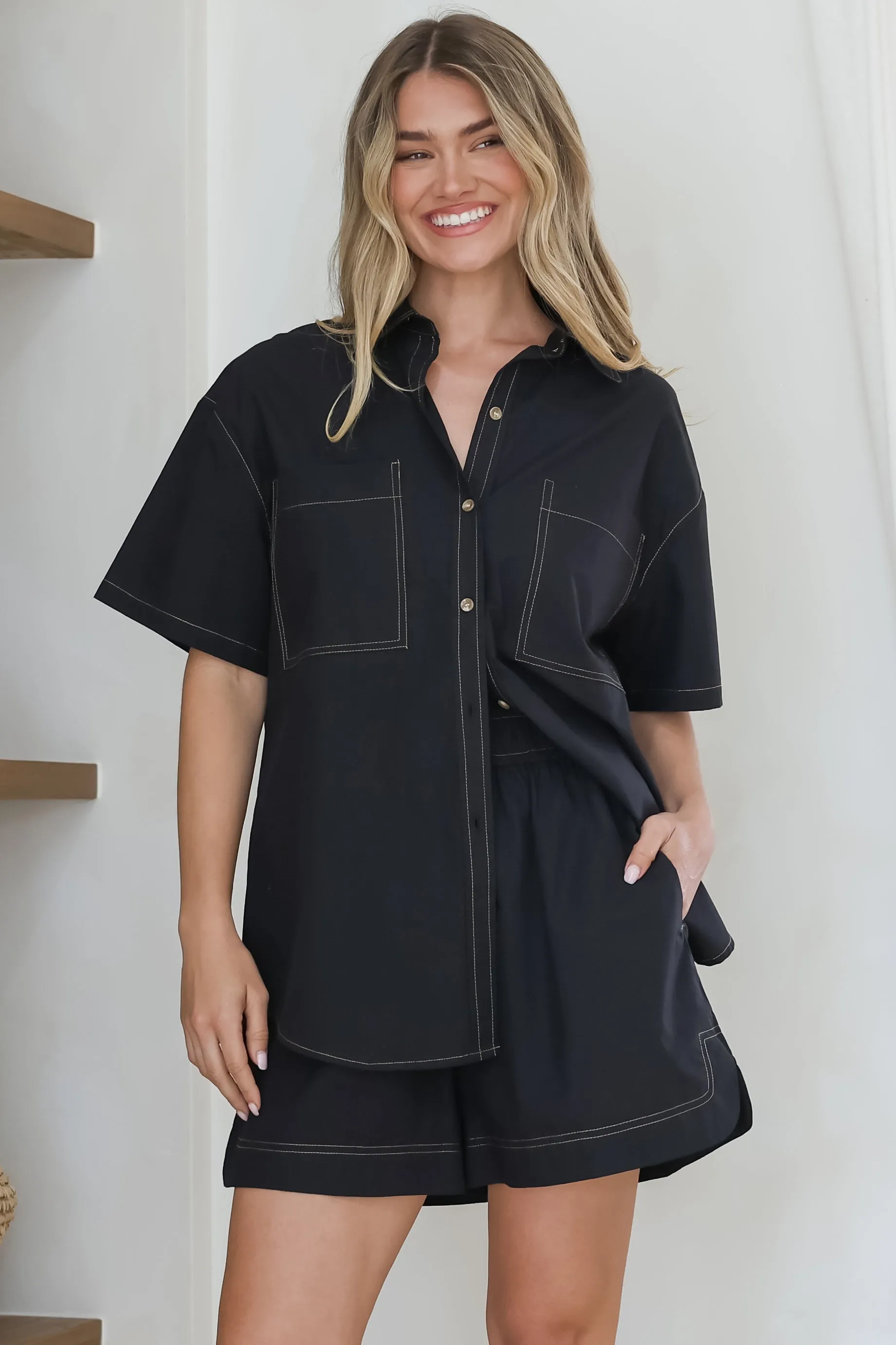 Steele Shirt - Collared Button Down Shirt with Contrast Stitching in Black sold by Salty Crush product image thumbnail 2