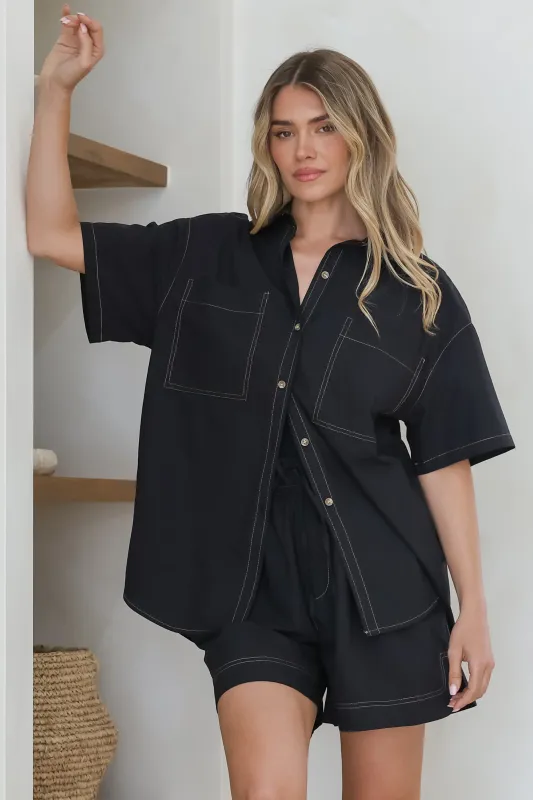 Steele Shirt - Collared Button Down Shirt with Contrast Stitching in Black sold by Salty Crush