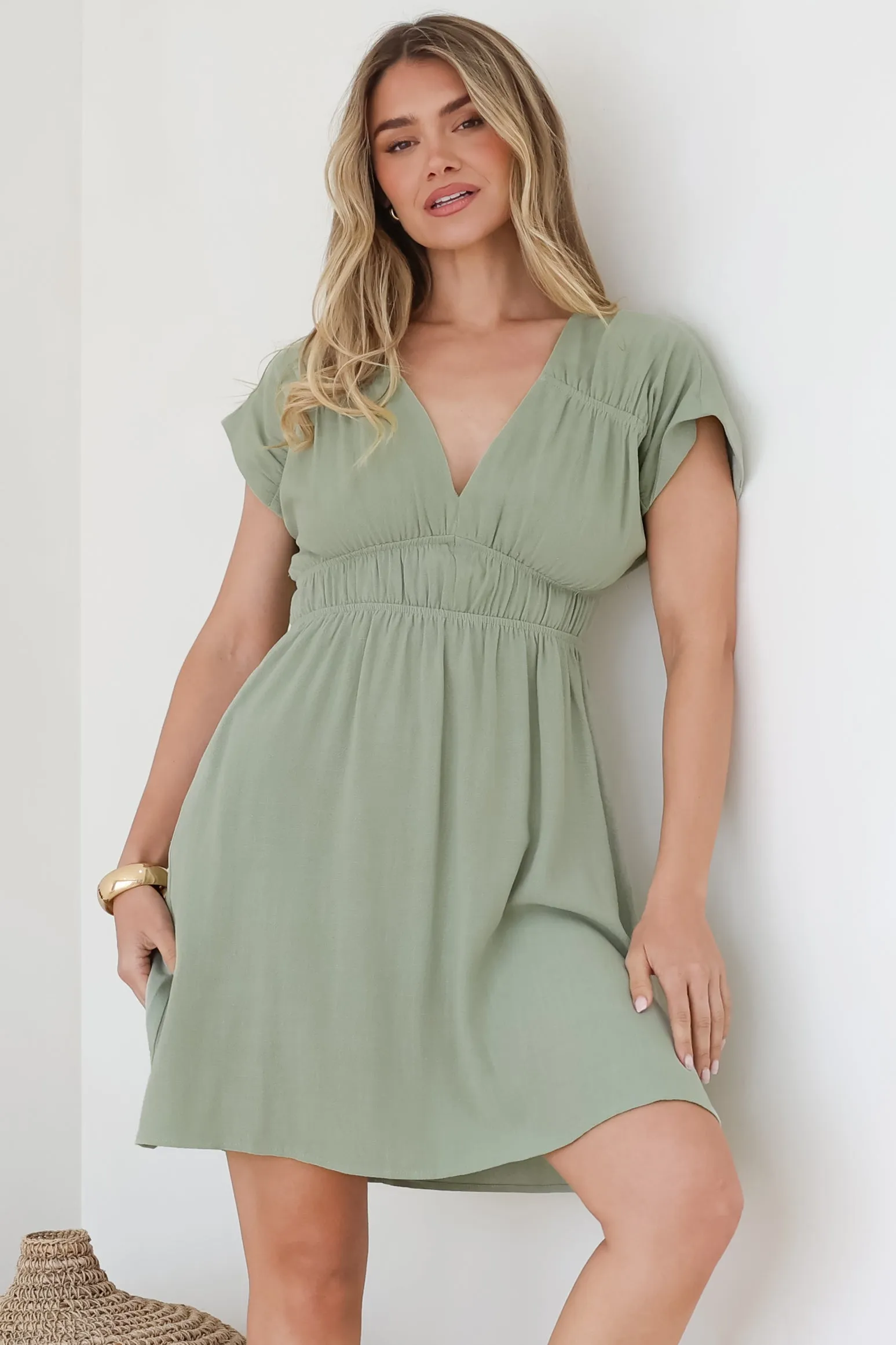 Torin Mini Dress - Flattering V-Neck A-Line Mini with Cinched Waist in Sage sold by Salty Crush product image thumbnail 5