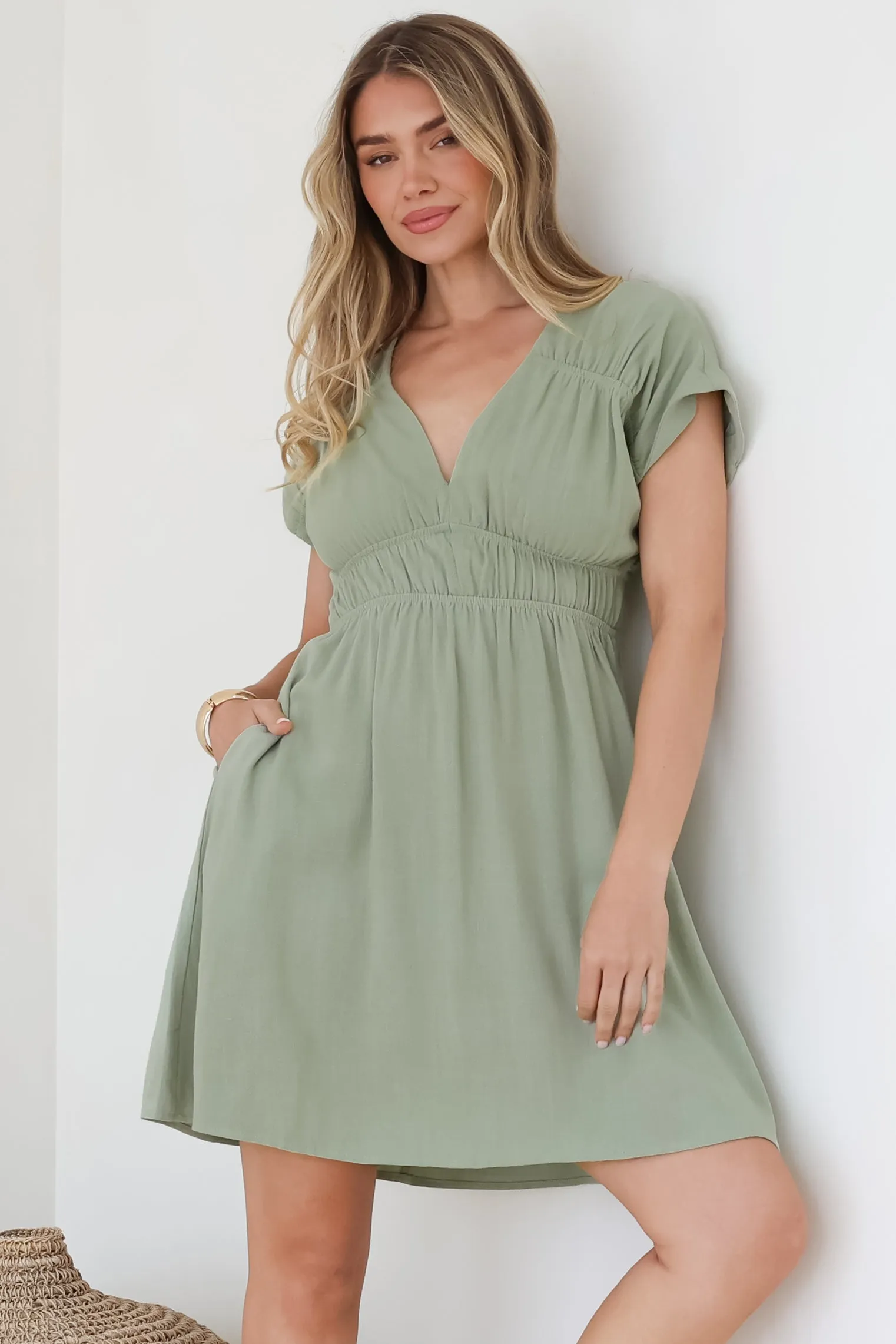 Torin Mini Dress - Flattering V-Neck A-Line Mini with Cinched Waist in Sage sold by Salty Crush