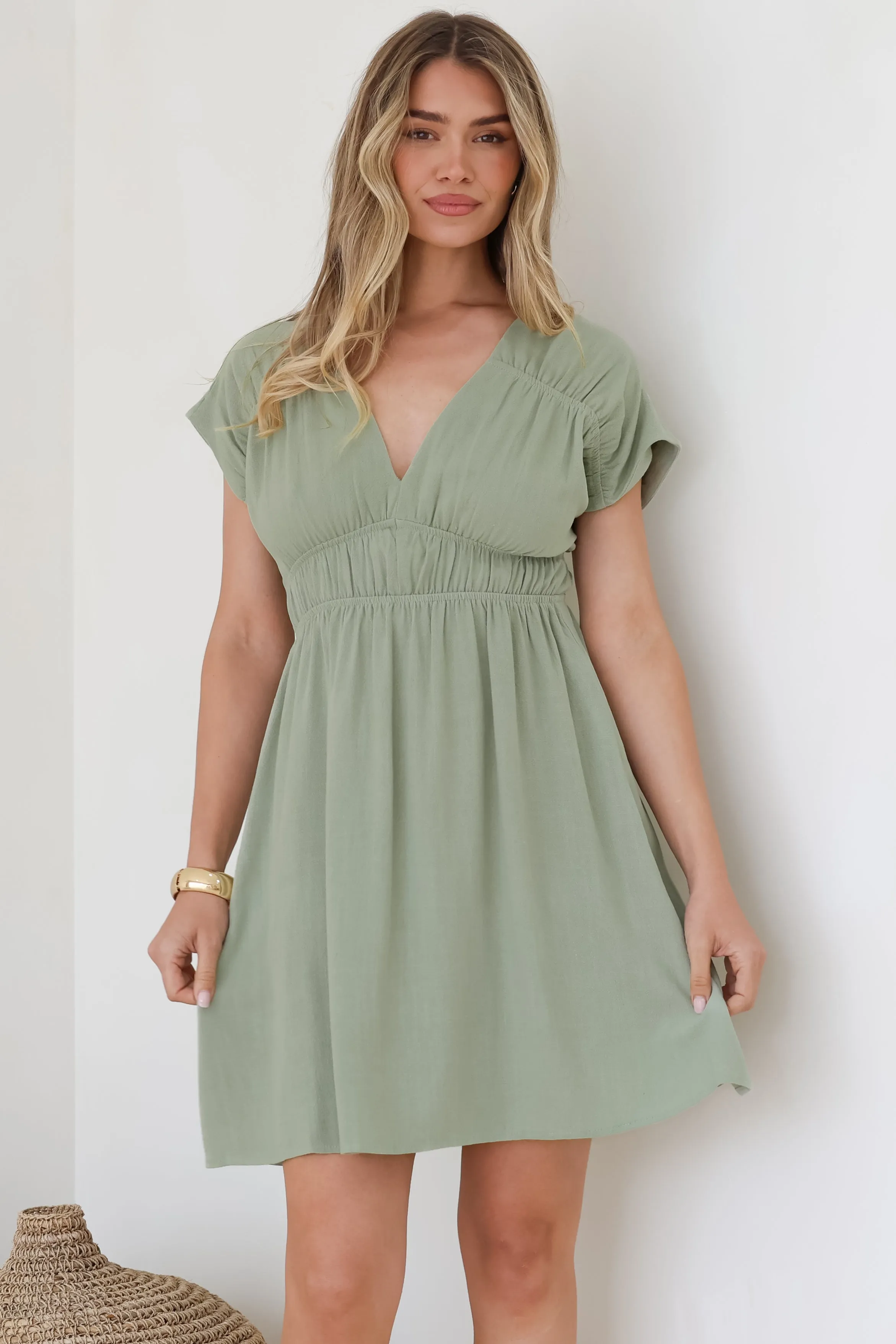 Torin Mini Dress - Flattering V-Neck A-Line Mini with Cinched Waist in Sage sold by Salty Crush product image thumbnail 3