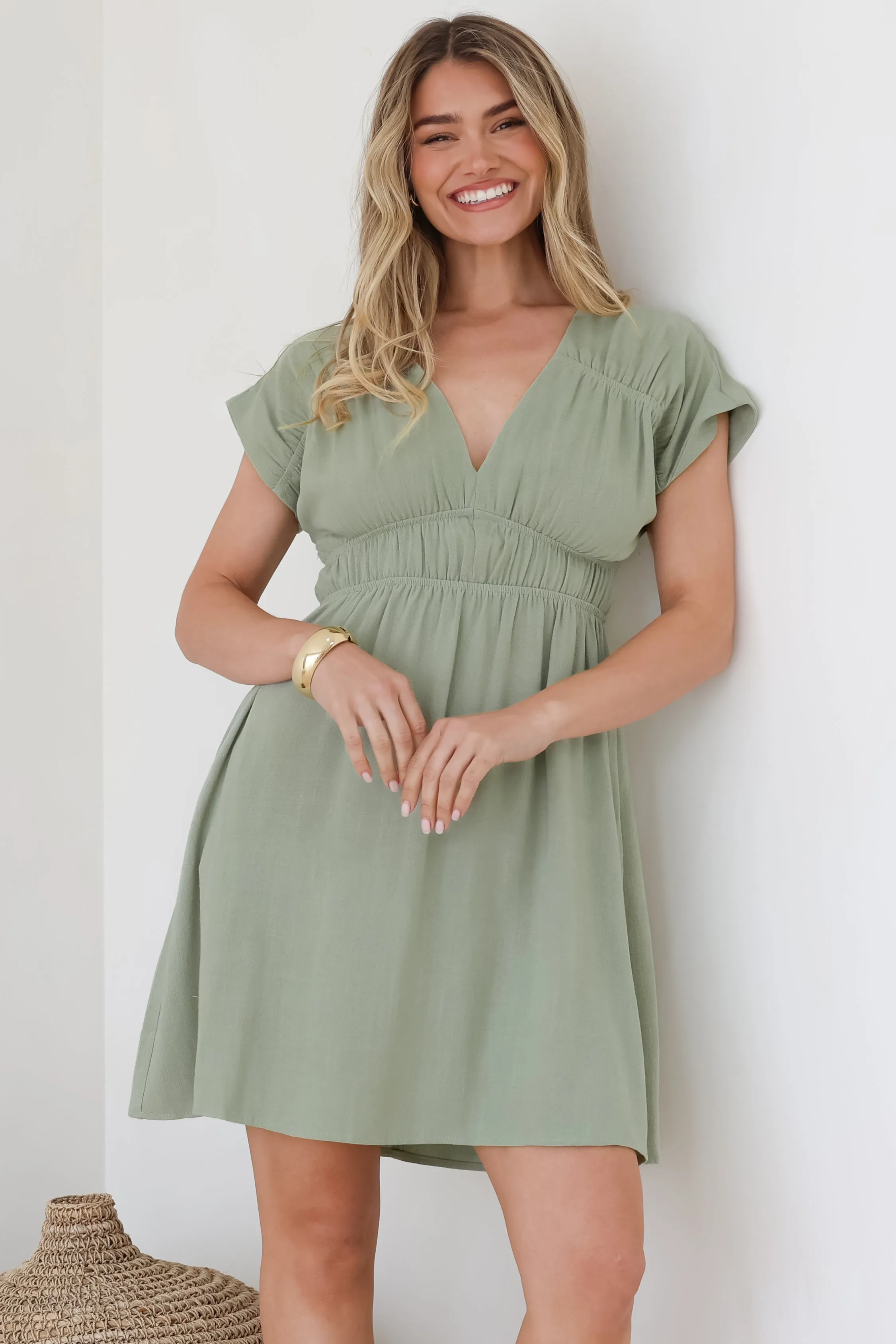 Torin Mini Dress - Flattering V-Neck A-Line Mini with Cinched Waist in Sage sold by Salty Crush product image thumbnail 4