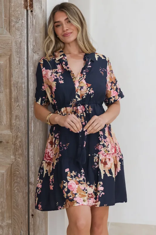 Apryl Mini Dress - Collared Short Sleeve Dress with Pull Tie Waist in Vela Print Navy sold by Salty Crush