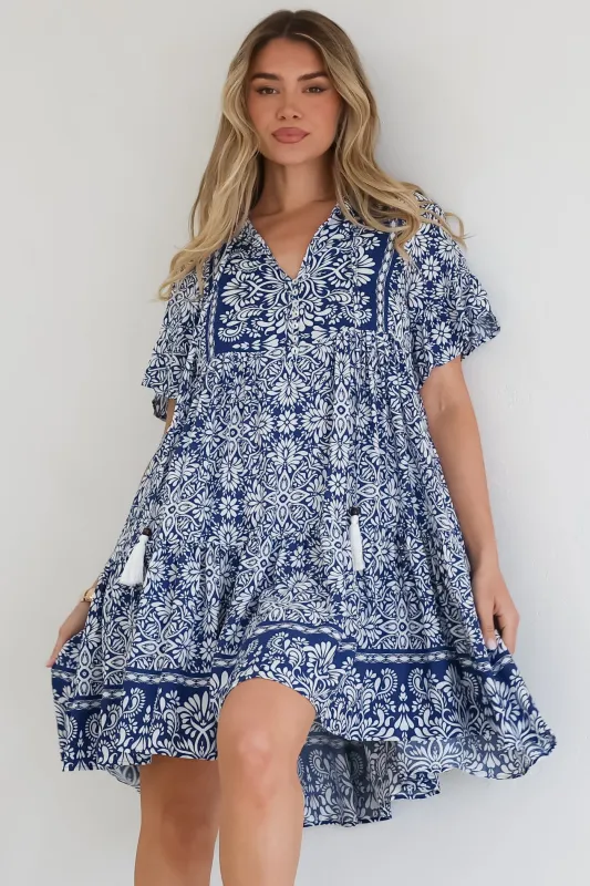 Abilia Mini Dress - Mandarin Collar Smock Dress in Harley Print Blue sold by Salty Crush