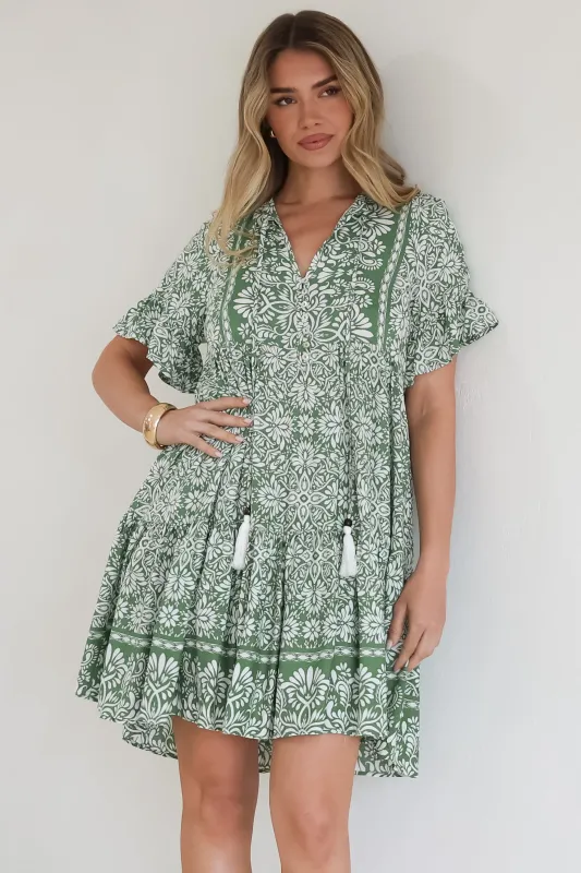 Abilia Mini Dress - Mandarin Collar Smock Dress in Harley Print Green sold by Salty Crush