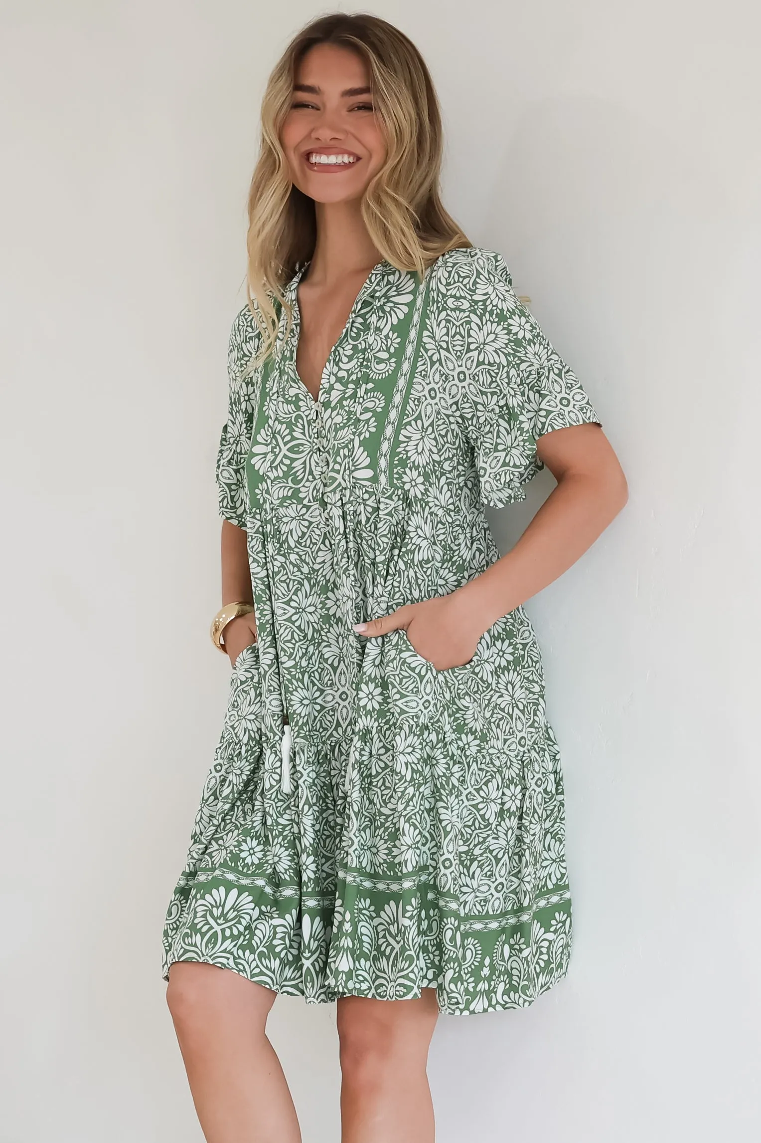 Abilia Mini Dress - Mandarin Collar Smock Dress in Harley Print Green sold by Salty Crush product image thumbnail 5