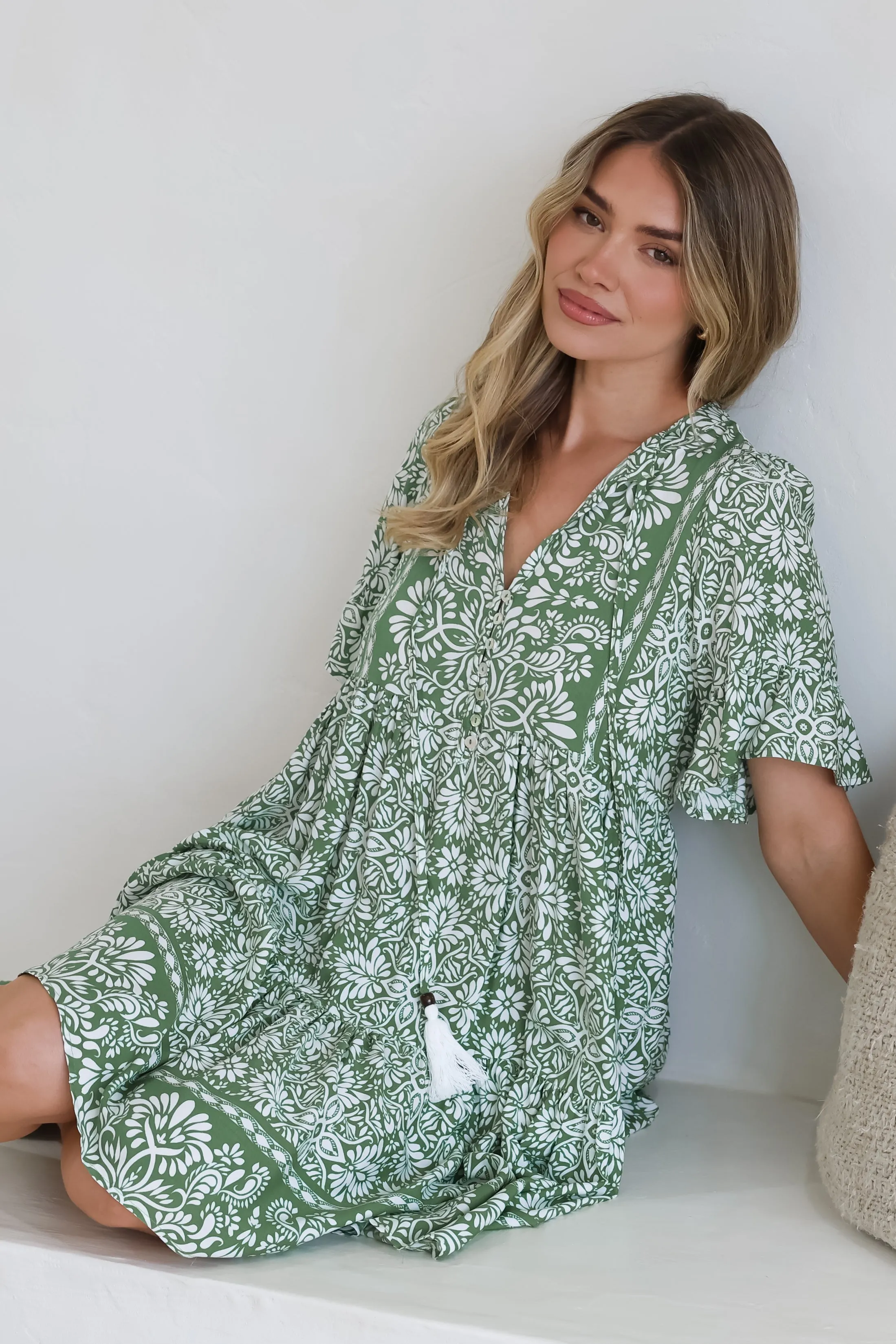 Abilia Mini Dress - Mandarin Collar Smock Dress in Harley Print Green sold by Salty Crush product image thumbnail 2