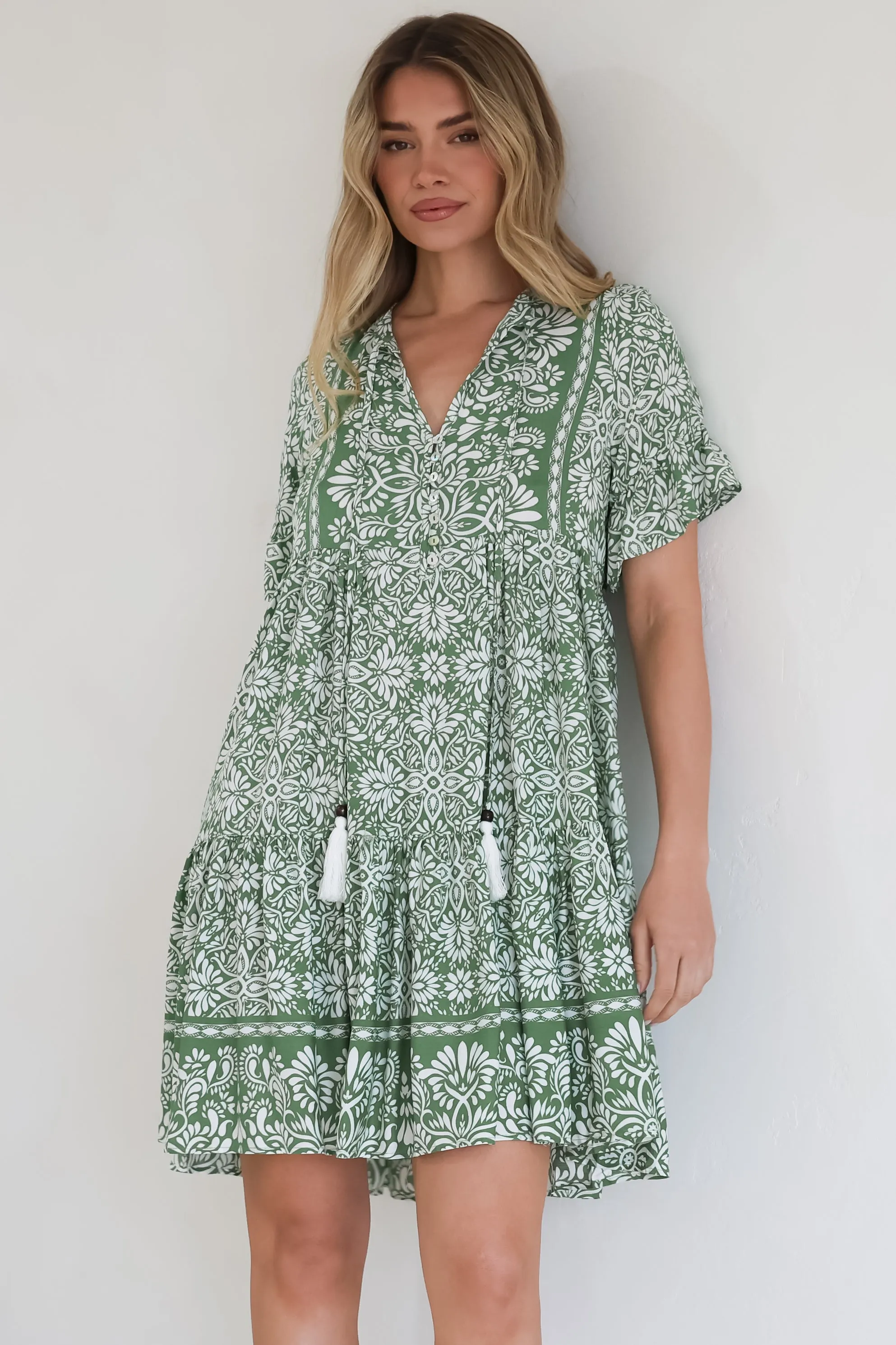 Abilia Mini Dress - Mandarin Collar Smock Dress in Harley Print Green sold by Salty Crush product image thumbnail 4