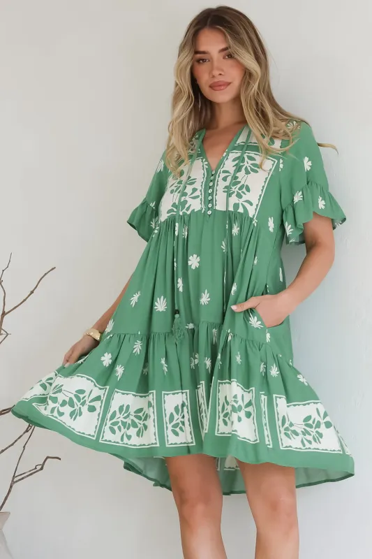 Abilia Mini Dress - Mandarin Collar Smock Dress in Lucinda Print Green sold by Salty Crush
