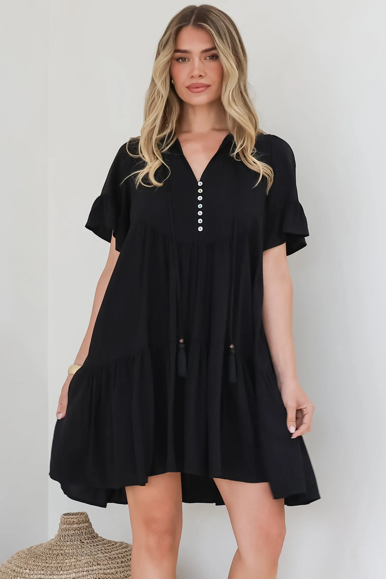Monique Mini Dress - Mandarin Collar Smock Dress in Black sold by Salty Crush product image thumbnail 3