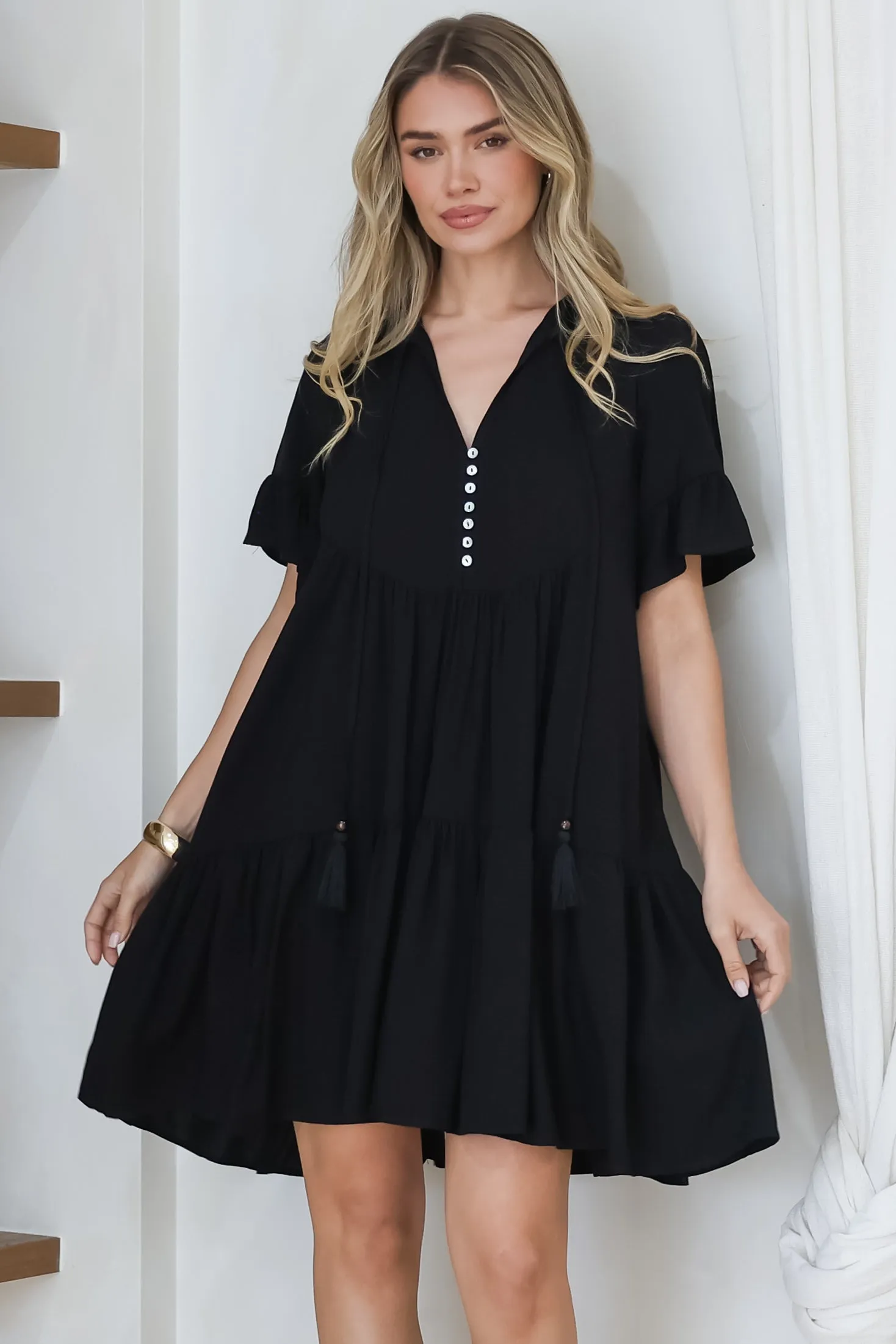Monique Mini Dress - Mandarin Collar Smock Dress in Black sold by Salty Crush product image thumbnail 5