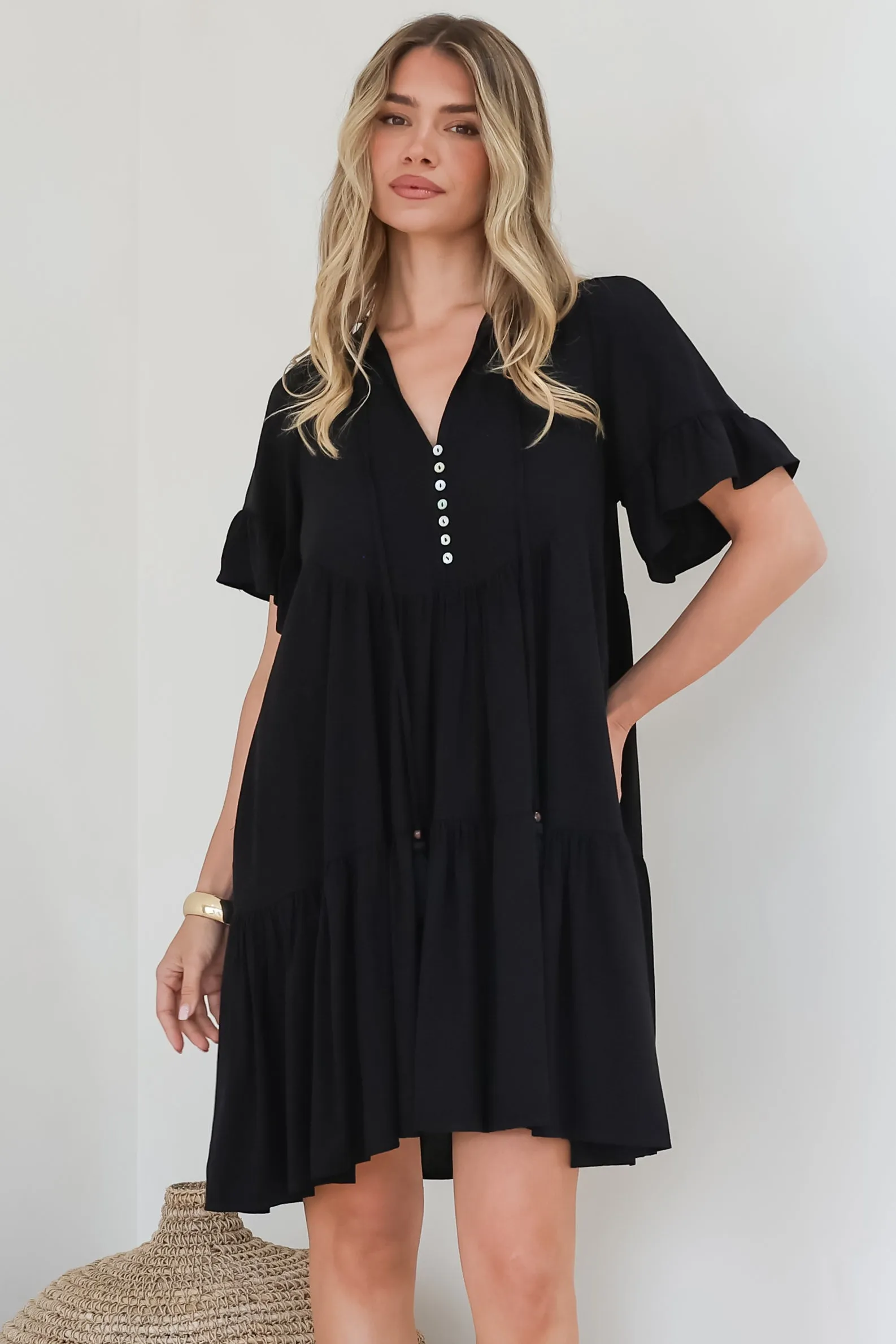 Monique Mini Dress - Mandarin Collar Smock Dress in Black sold by Salty Crush