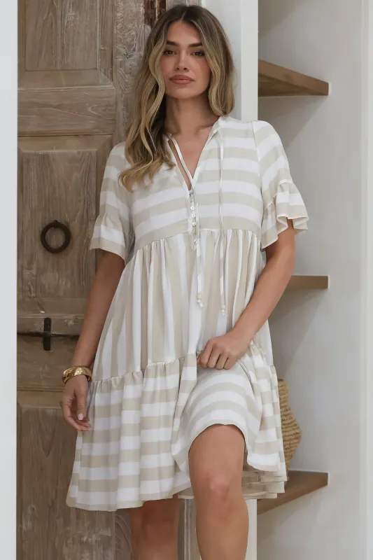 Abilia Mini Dress - Mandarin Collar Smock Dress in Gaubi Print Beige sold by Salty Crush